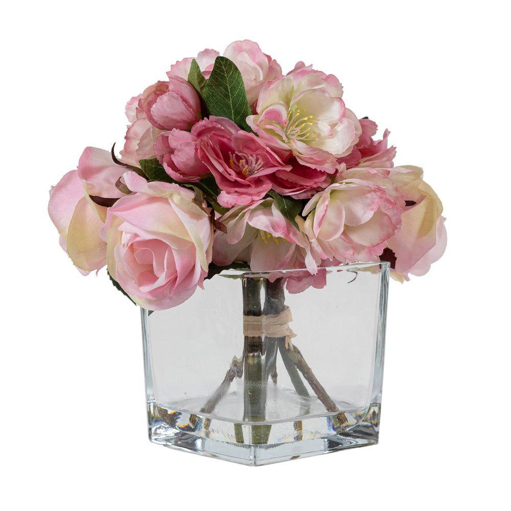 ROSAS Y CEREZO ROSADO EN FLORERO DE VIDRIO 16 CM-1