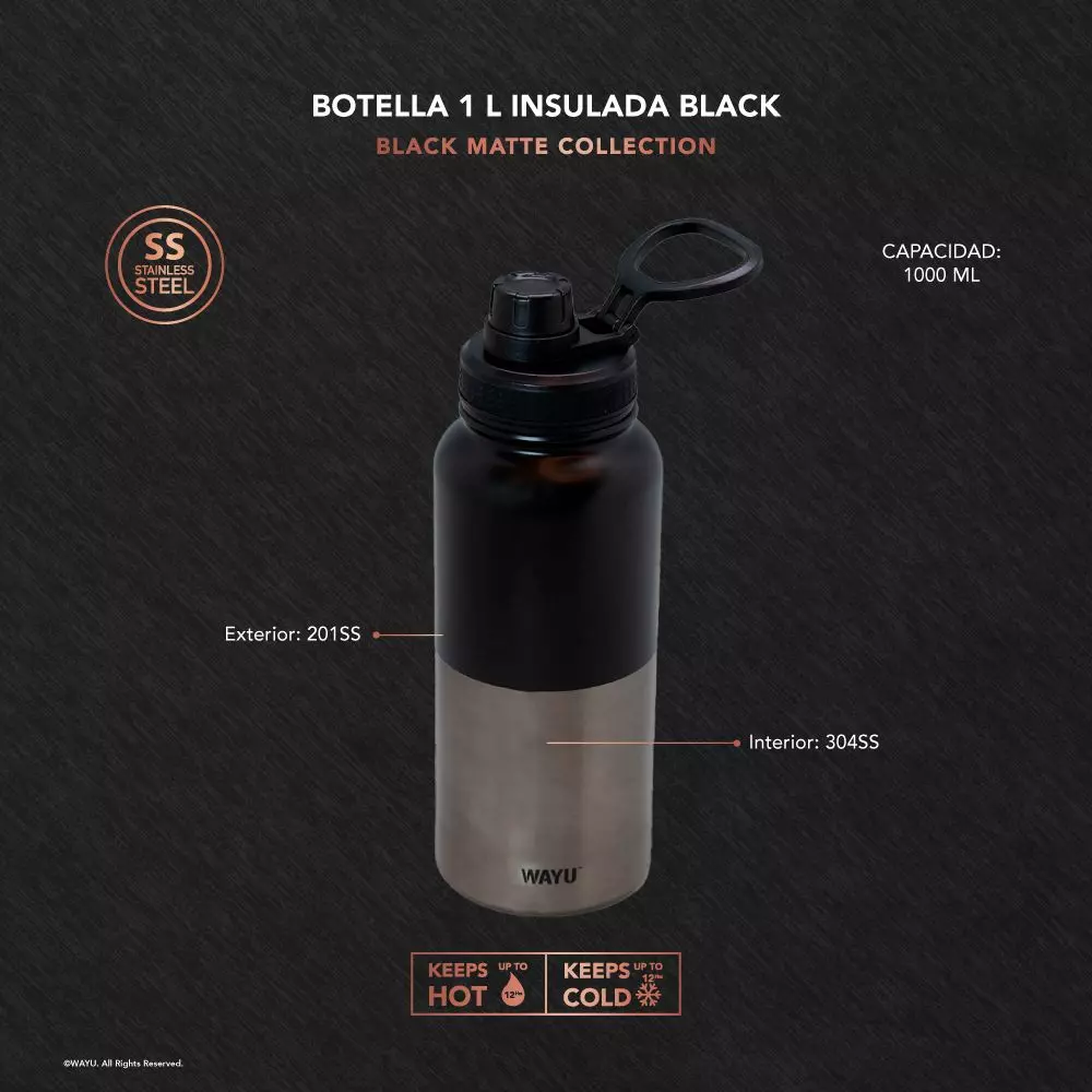 Botella 1 Litro insulated Black Wayu-2