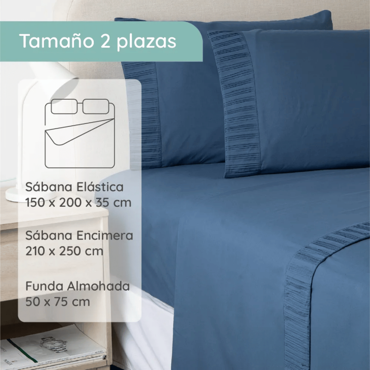 Sabanas 2 Plazas Microfibra 300 Hilos Azul Marino-2