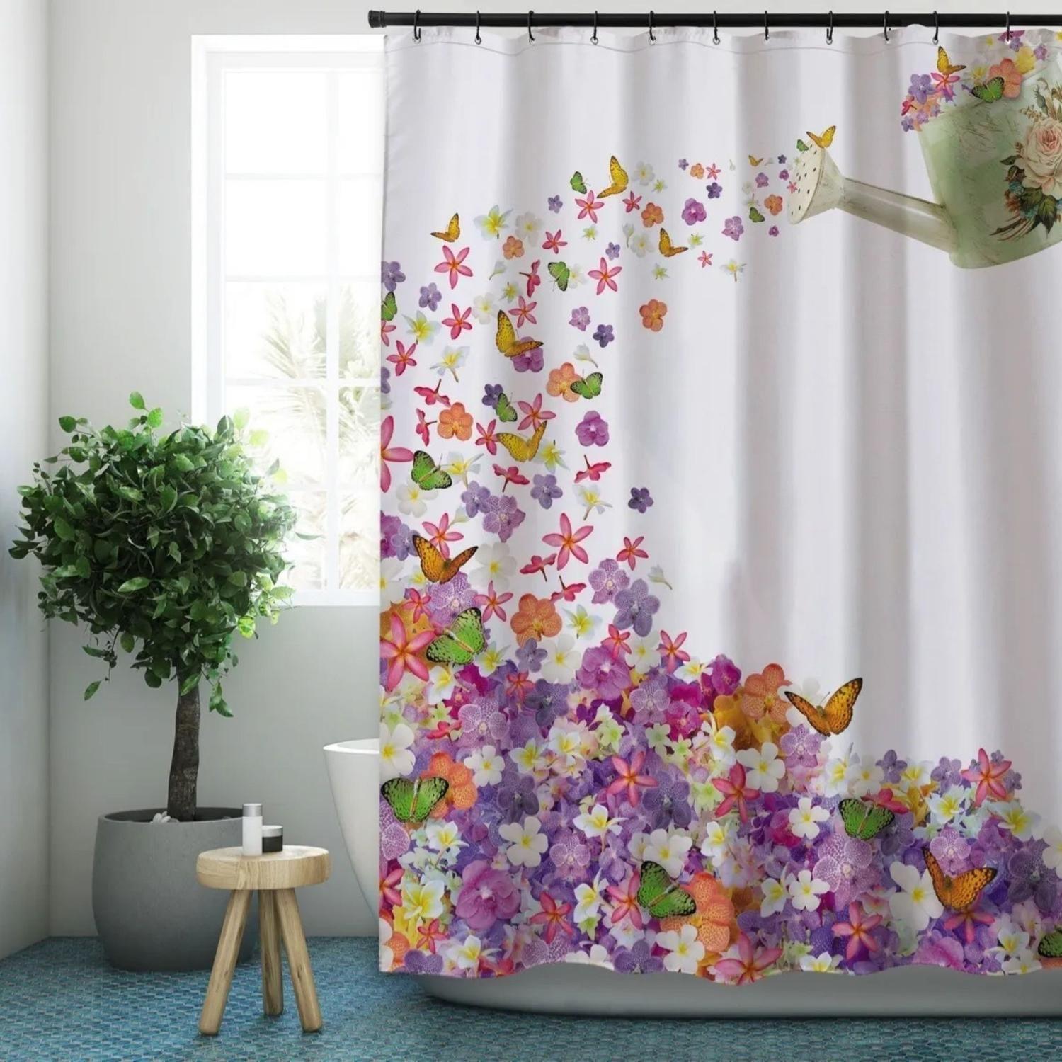 Cortina Baño Ducha Impermeable 180x180 CM Flores Blanco-3