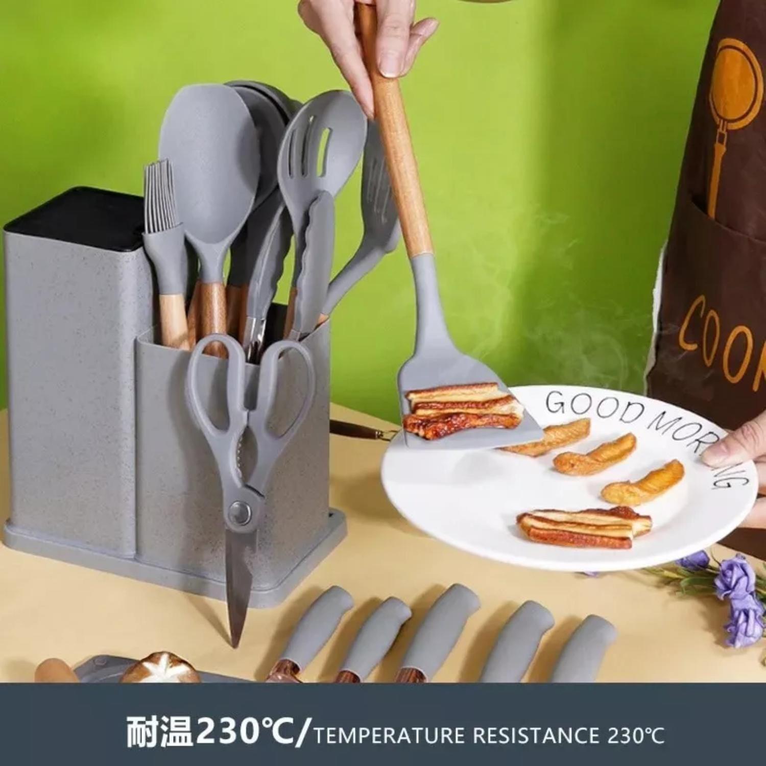 Set 19 Utensilios Cocina Silicona Acero Inoxidable Gris-4