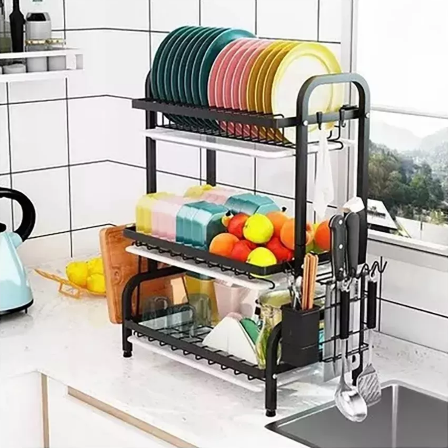 Rack Escurridor Estante Secador Loza 3 Niveles 53x23,5x61 CM Negro-4