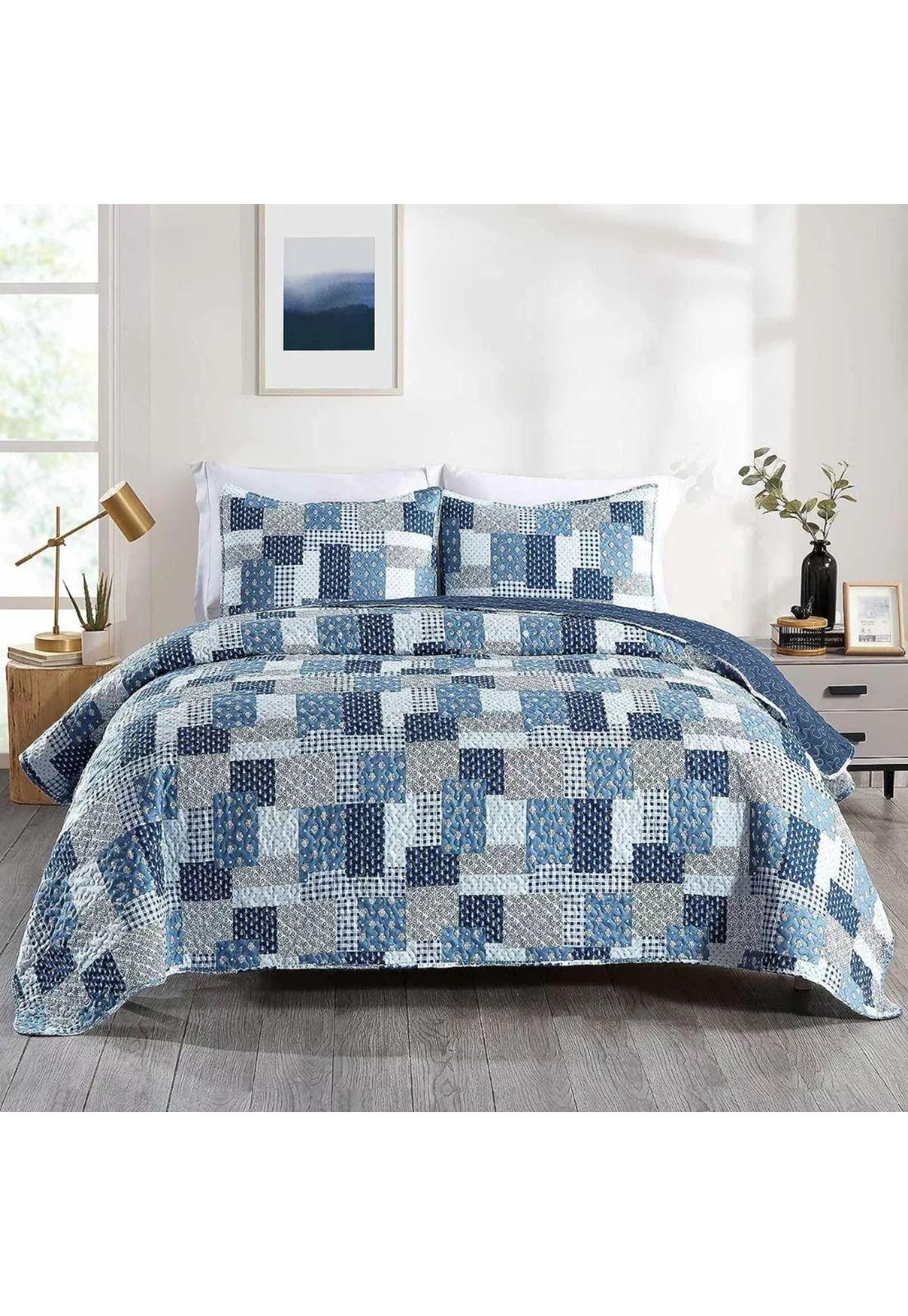Cubrecama Quilt Reversible Queen 228x228 CM Más Fundas Almohada Azul Blanco-5