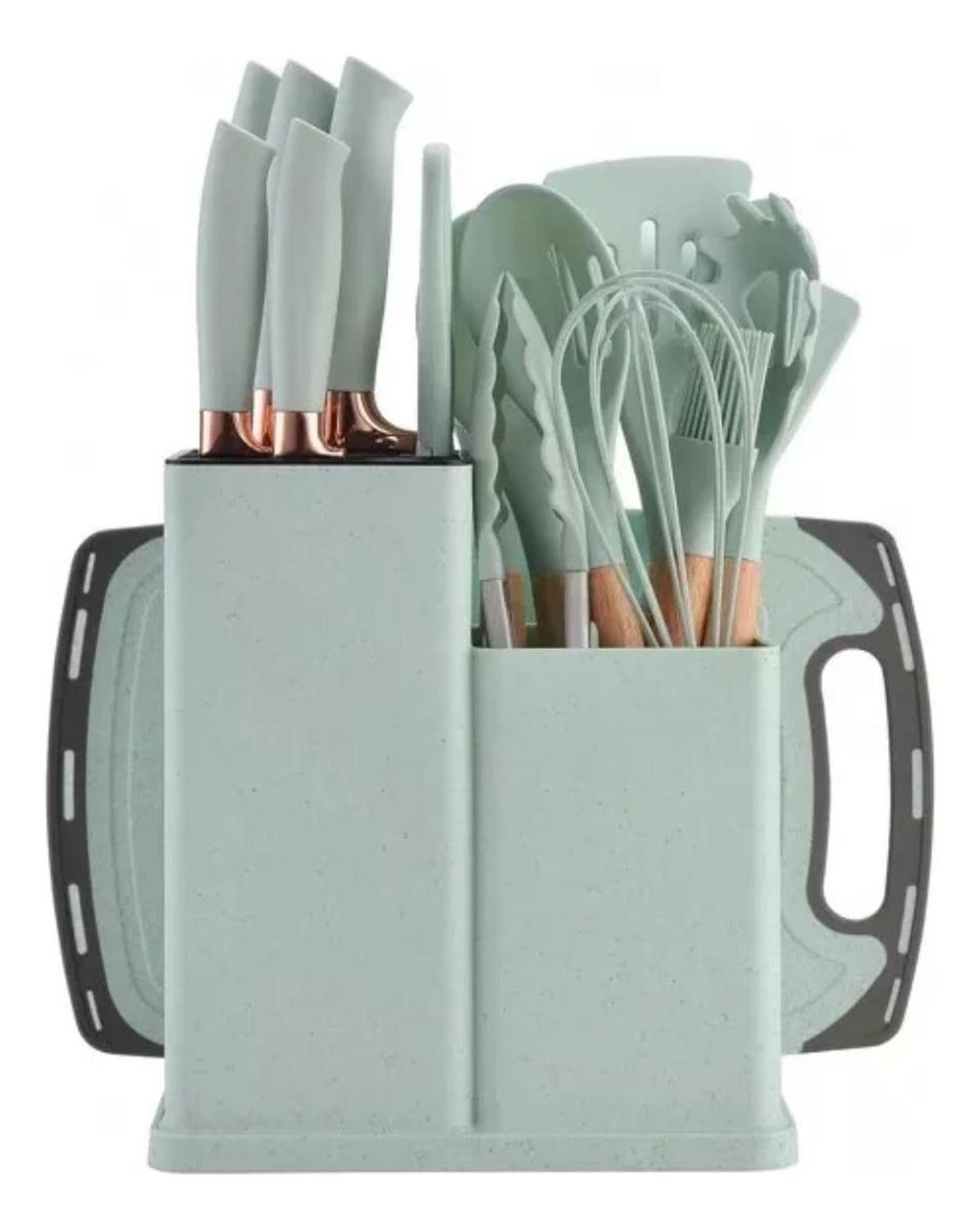 Set 19 Utensilios Cocina Silicona Acero Inoxidable Verde-2