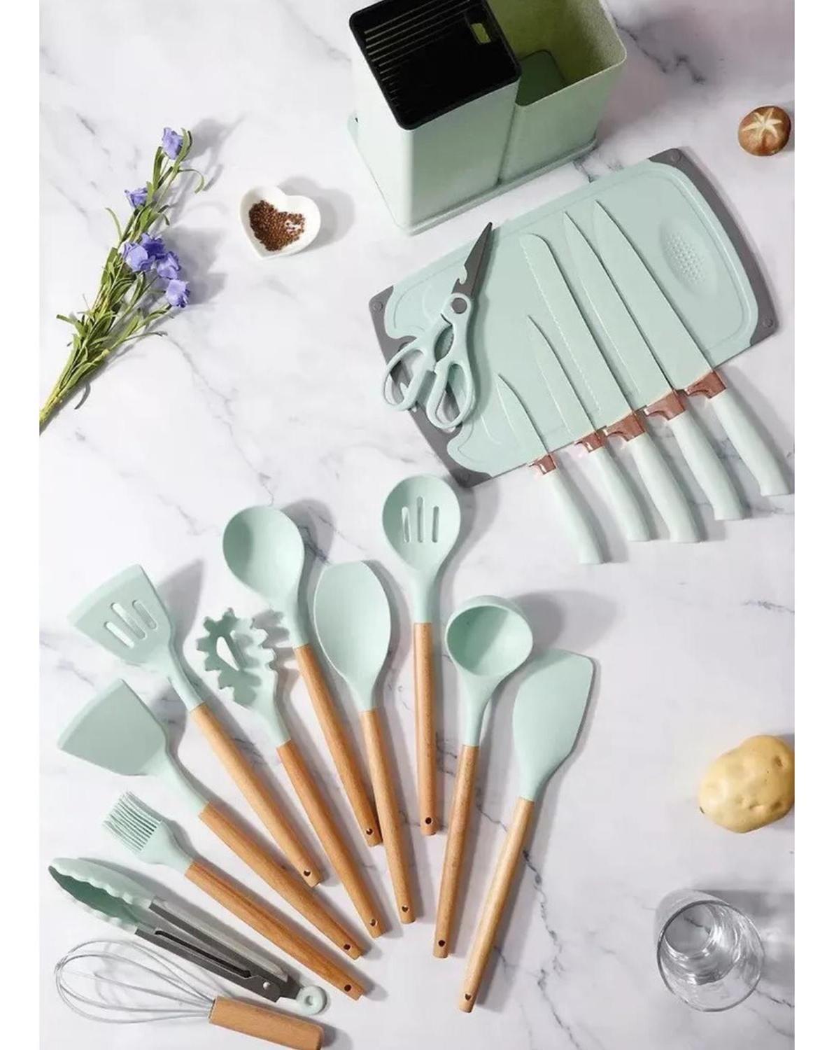 Set 19 Utensilios Cocina Silicona Acero Inoxidable Verde-3