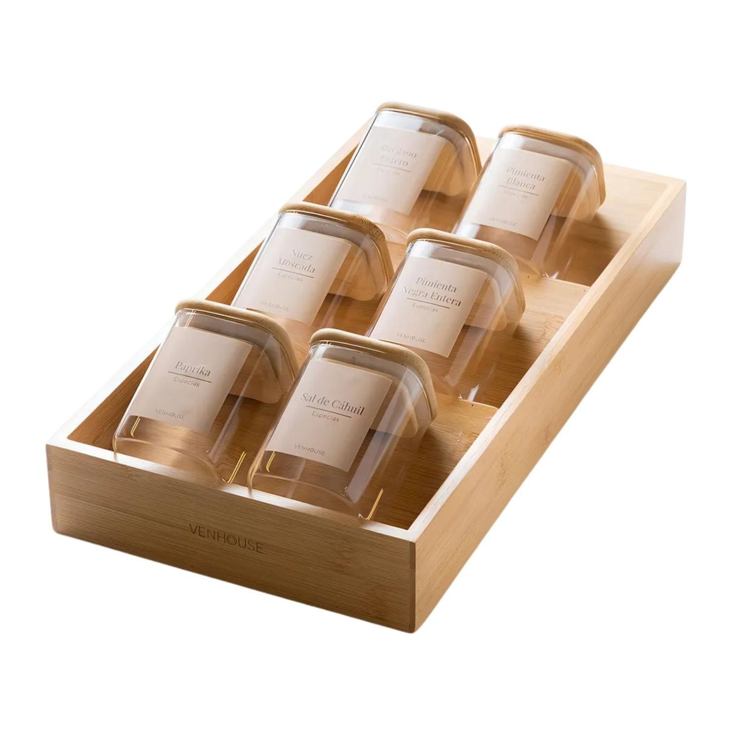 Pack 6 Frasco Hermetico Contenedor Especies Tapa Bambú 180 ML Beige-0