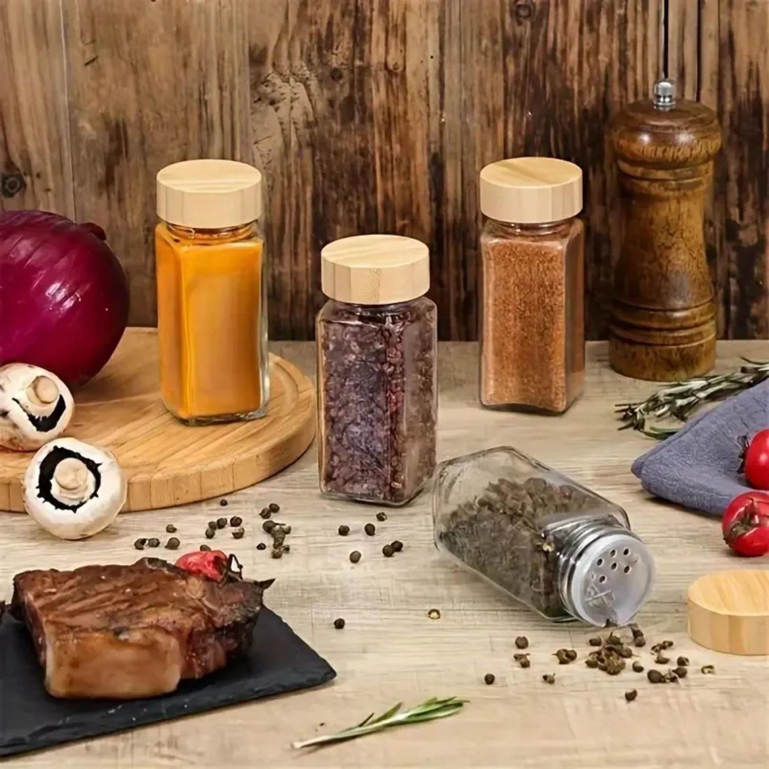 Pack 9 Frasco Hermetico Contenedor Especies Tapa Bambú 118 ML Blanco-3