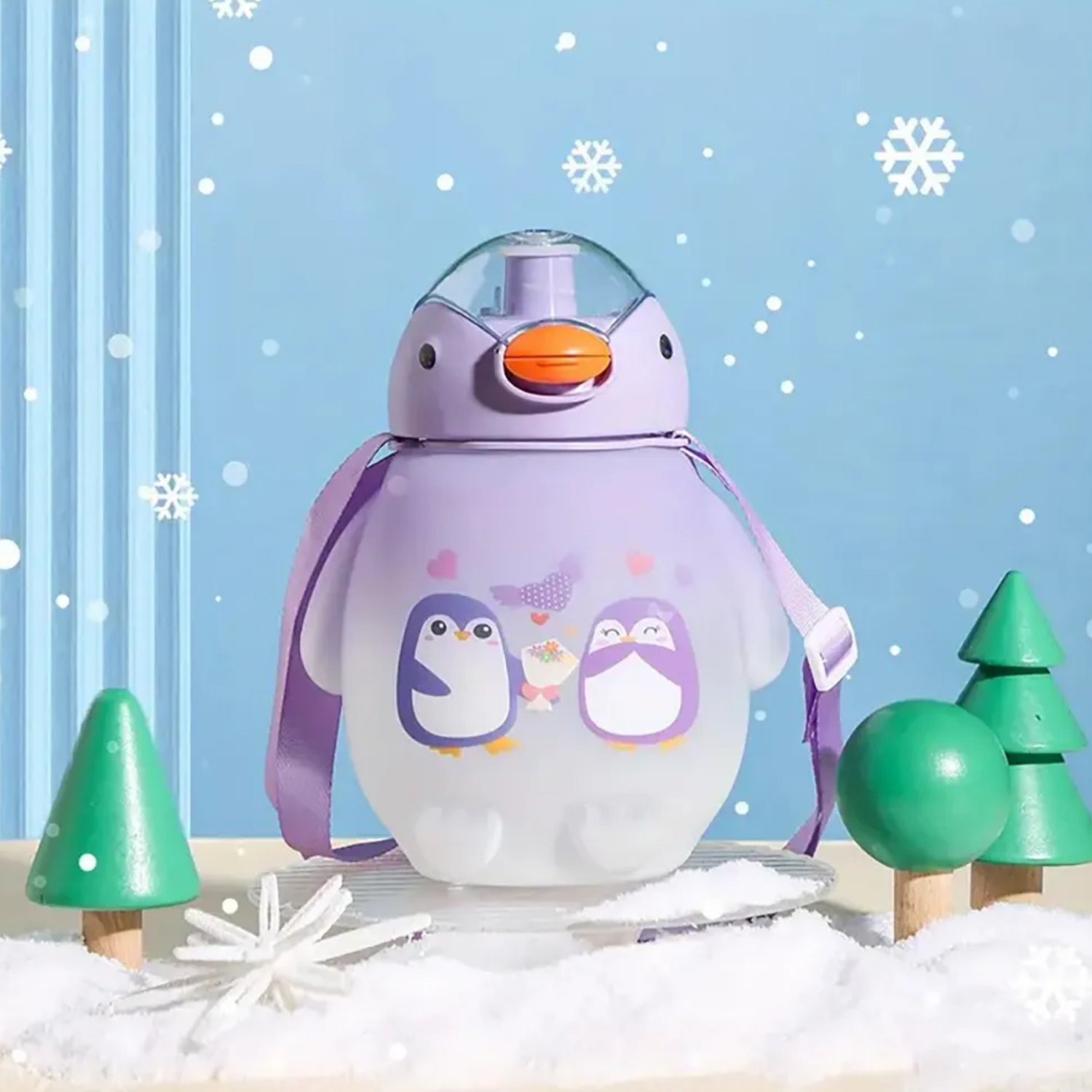 Botella Pinguino Kawaii Stickers Más Correa 1500 ML Morado-2