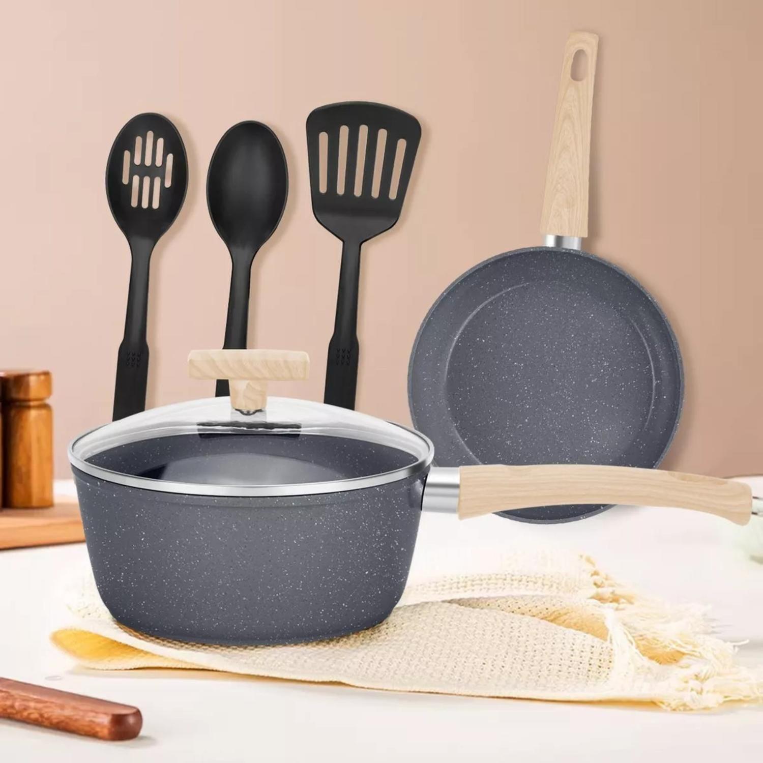 Juego Batería 10 Piezas Cocina Granito Menaje Antiadherente PMM Negro-4