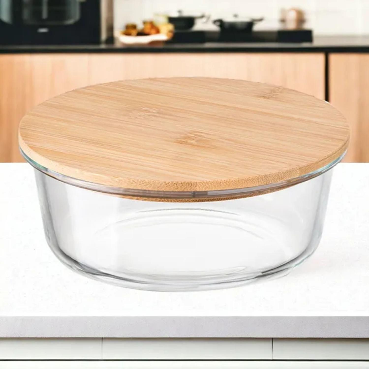 Tupper Redondo Vidrio Hermético Contenedor Comida 1,3 LT Bambú-3