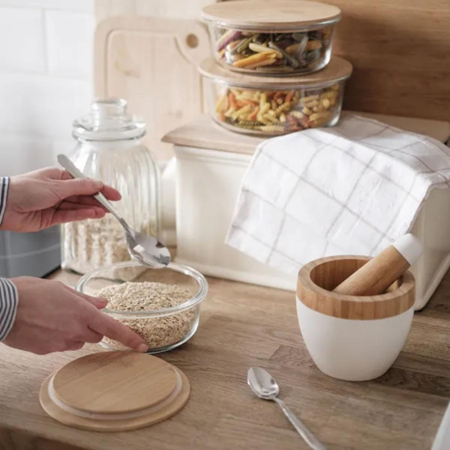 Tupper Redondo Vidrio Hermético Contenedor Comida 1,3 LT Bambú-4