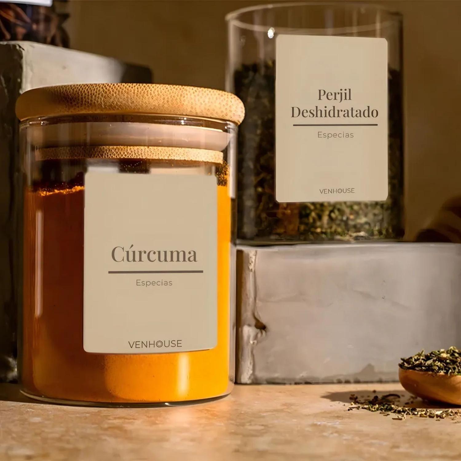 Pack 12 Frascos Contenedor Vidrio Redondo 15 Etiquetas 180 ML Bambú Beige-2