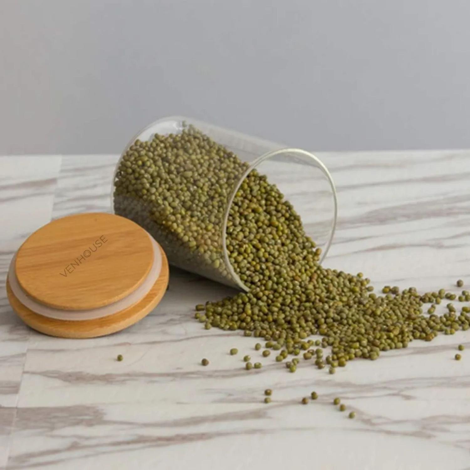 Set 5 Contenedor Hermético Despensa Vidrio Tapa Bambú 210 Etiquetas Verde-2