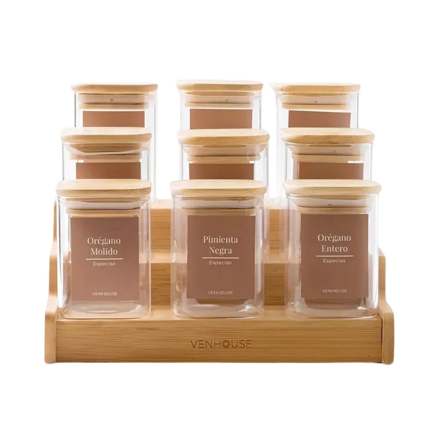 Pack 12 Frascos Contenedor Vidrio 15 Etiquetas 180 ML Bambú Marron-2