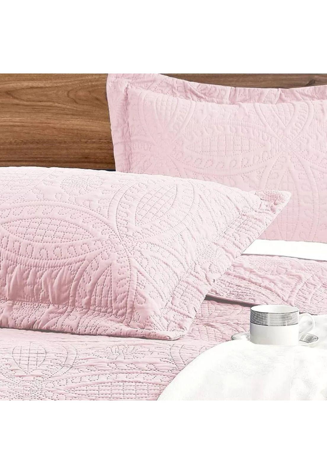Cubrecama Quilt Reversible Queen 228x228 CM Más Fundas Almohada Rosa Blanco-2