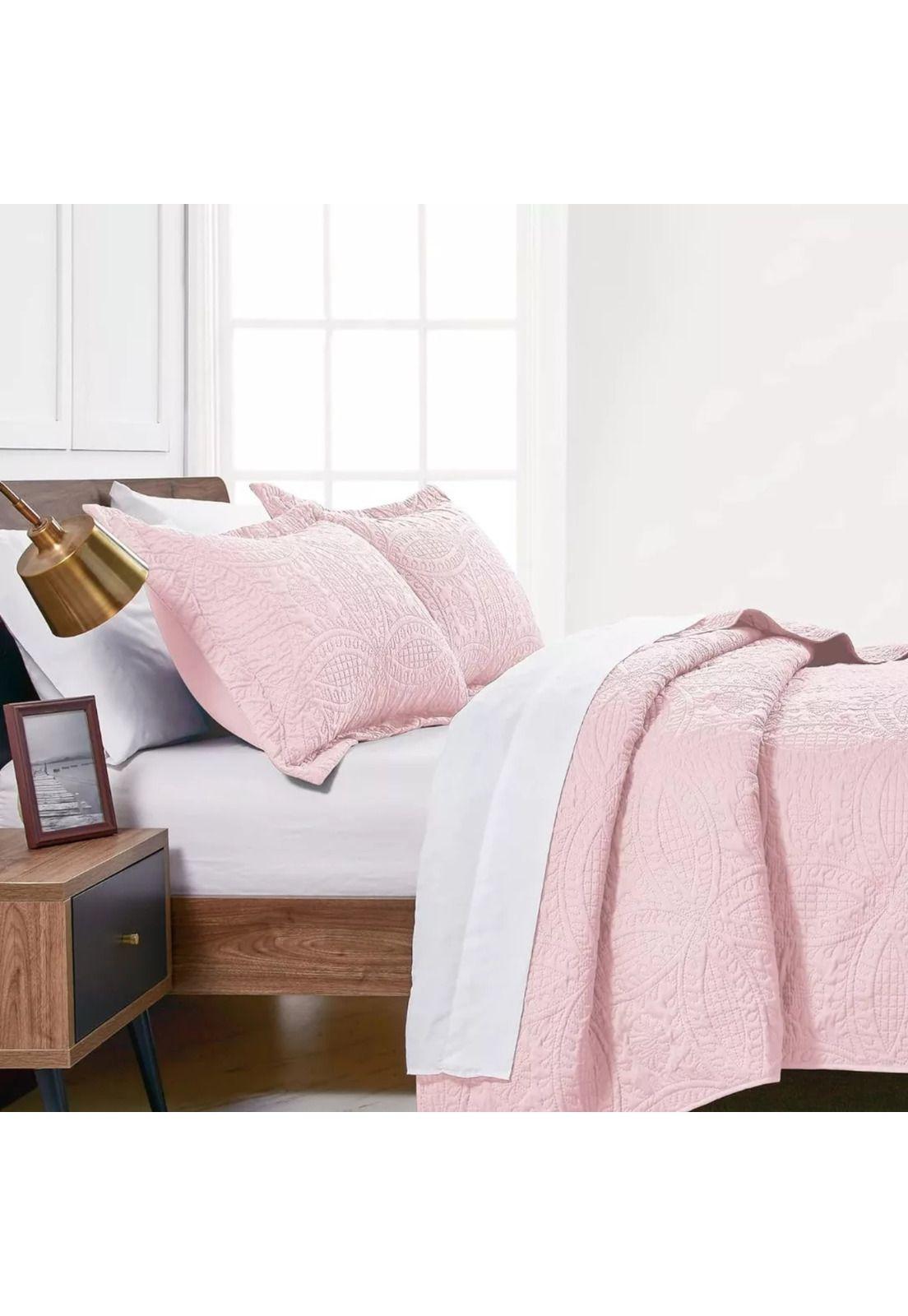 Cubrecama Quilt Reversible Queen 228x228 CM Más Fundas Almohada Rosa Blanco-4