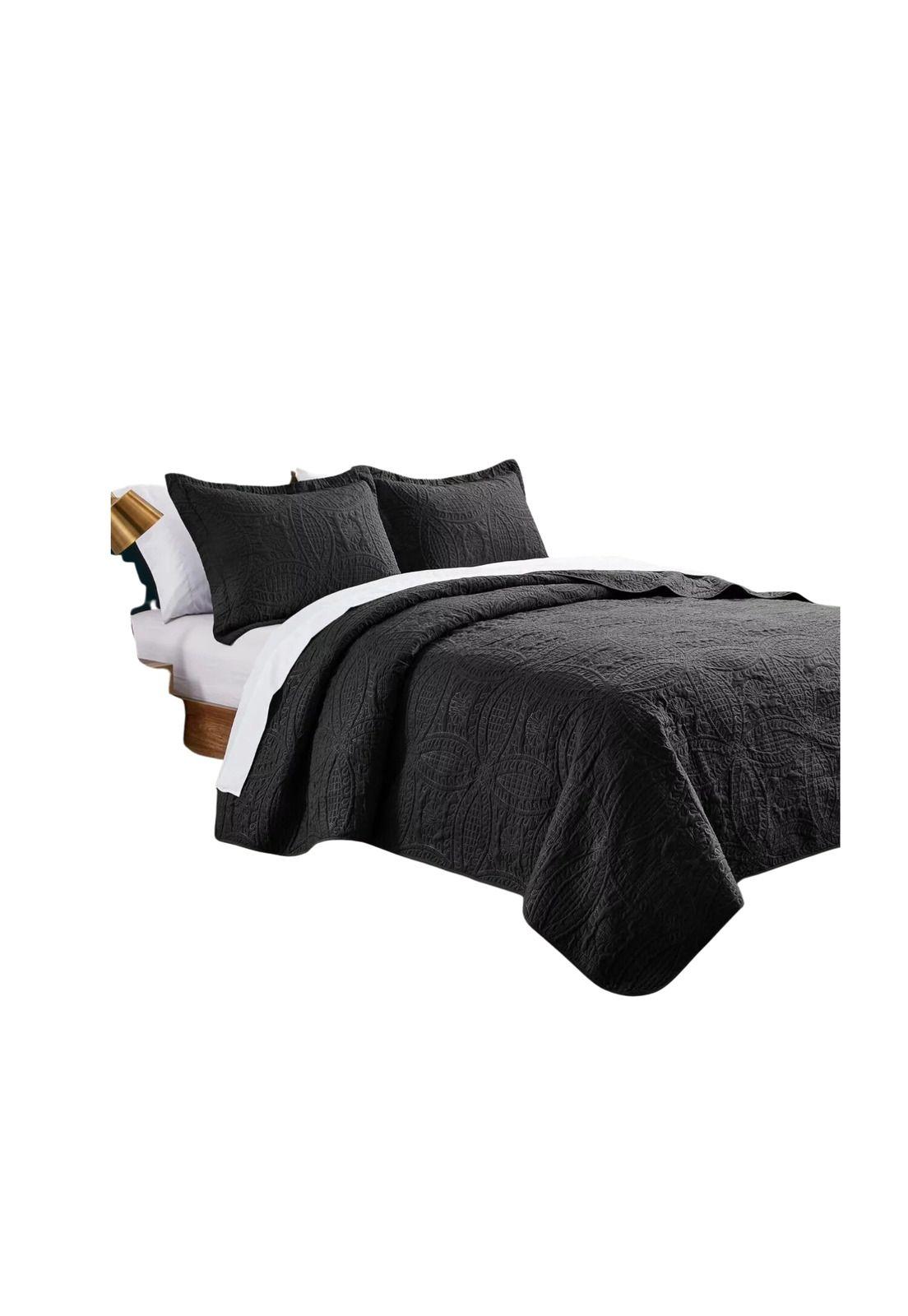 Cubrecama Quilt Reversible Queen 228x228 CM Más Fundas Almohada Negro-1