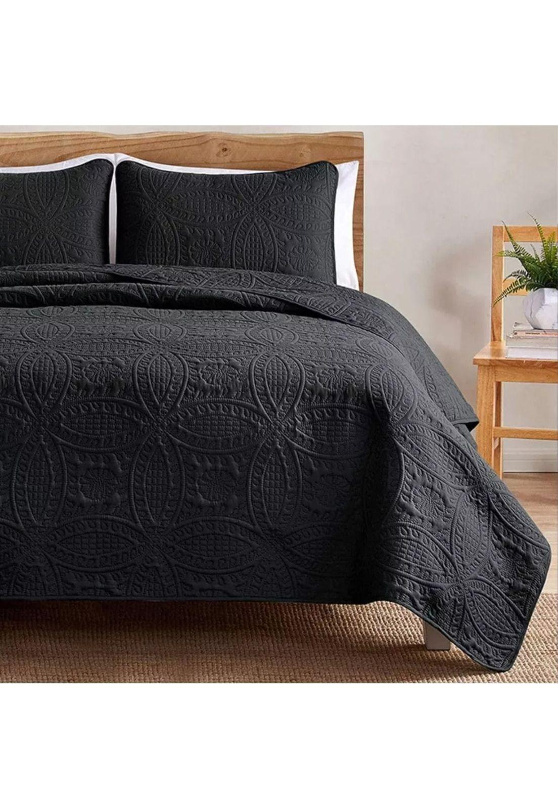 Cubrecama Quilt Reversible Queen 228x228 CM Más Fundas Almohada Negro-3