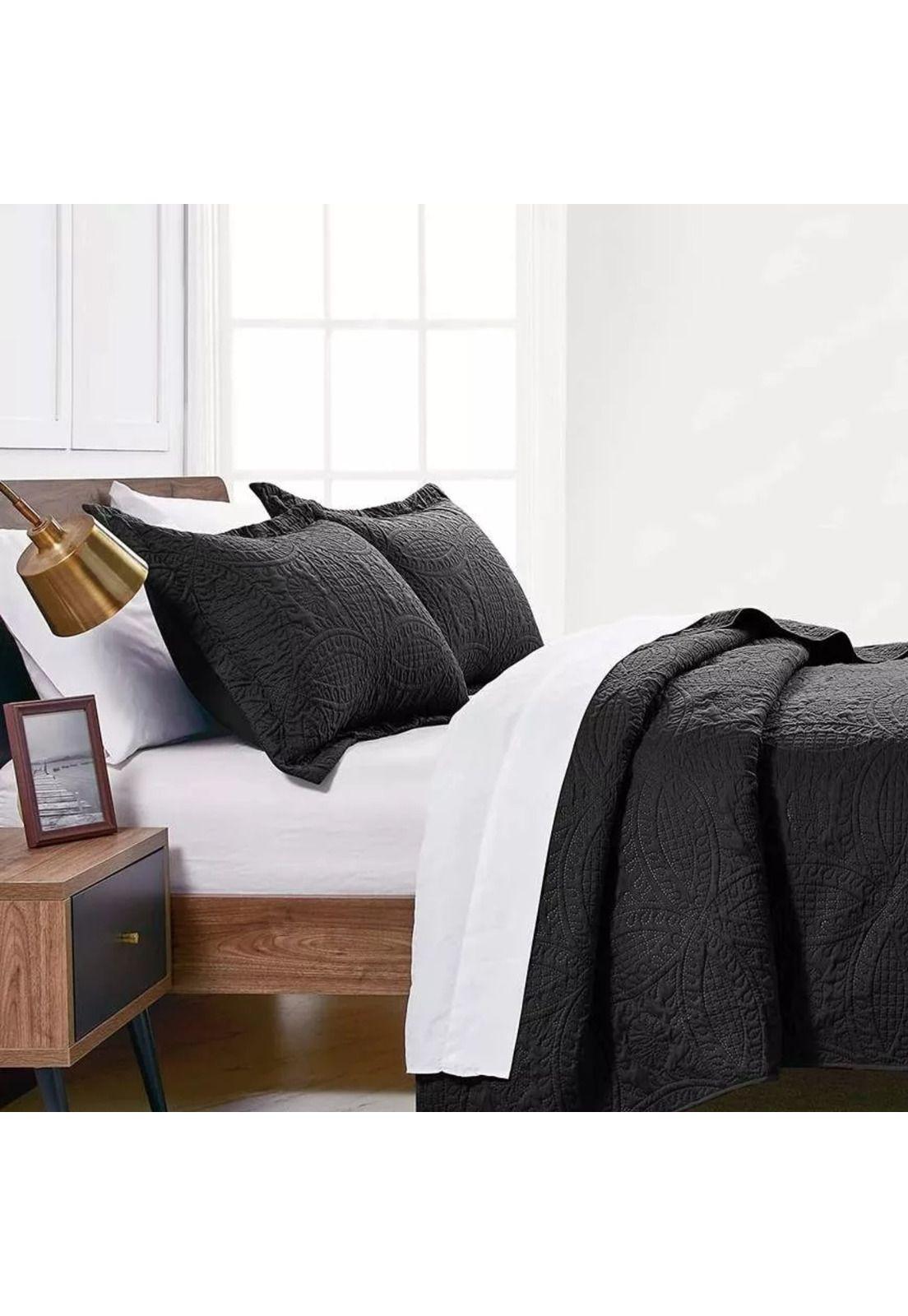 Cubrecama Quilt Reversible Queen 228x228 CM Más Fundas Almohada Negro-4