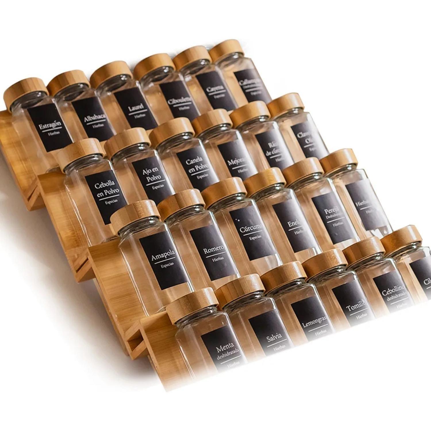 Pack 24 Frasco Hermetico Contenedor Especies Tapa Bambú 180 ML Negro-2