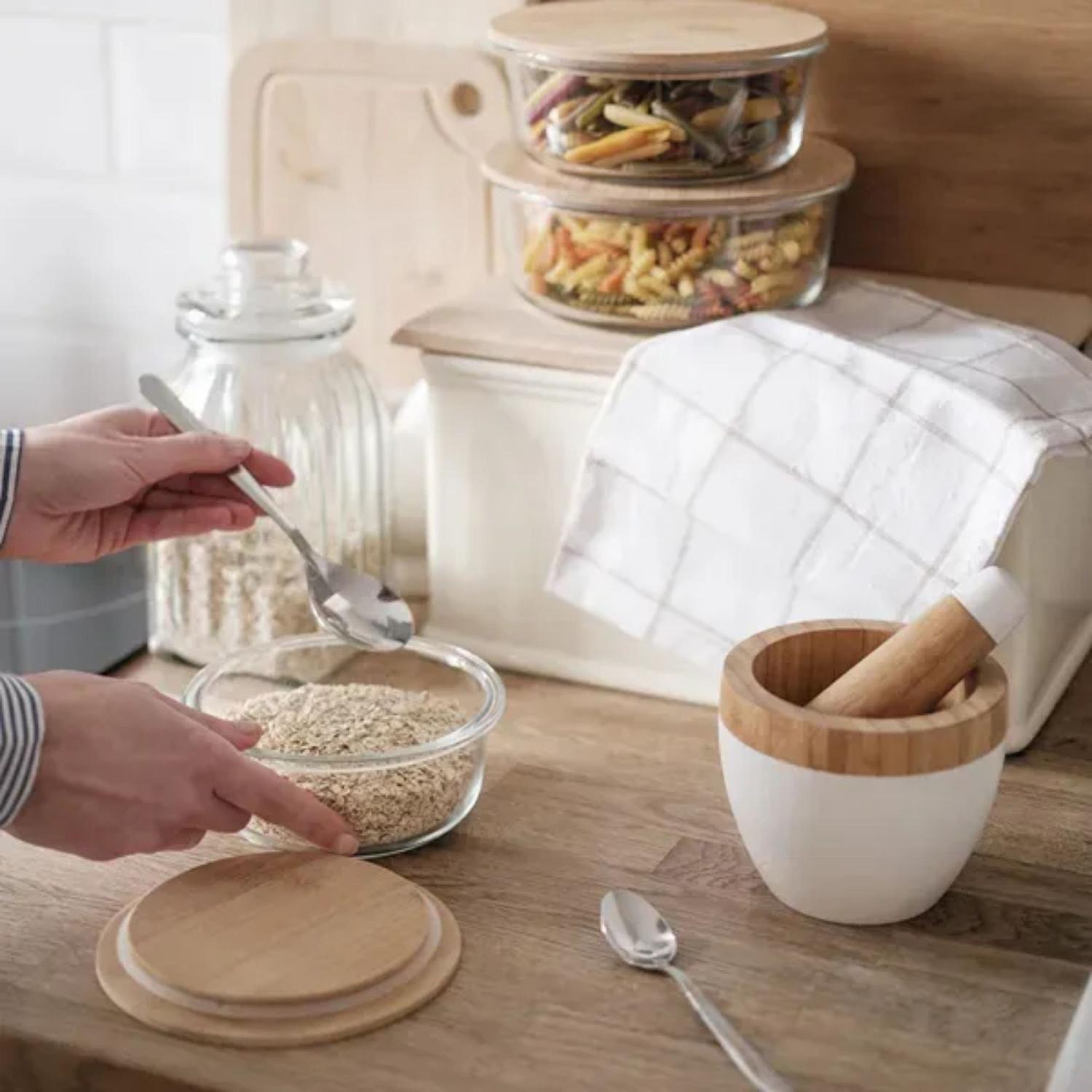 Tupper Redondo Vidrio Hermético Contenedor Comida 950 ML Bambú-3