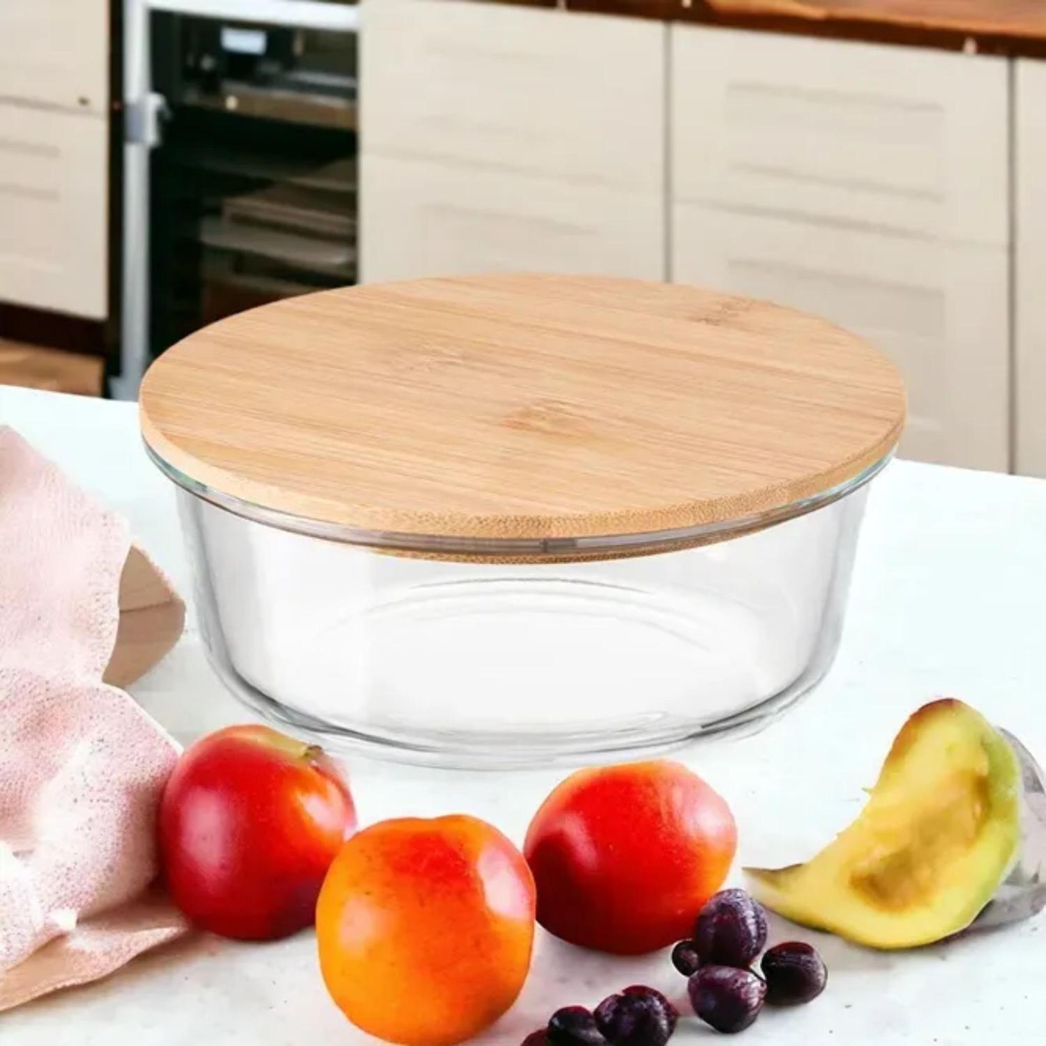 Tupper Redondo Vidrio Hermético Contenedor Comida 950 ML Bambú-4