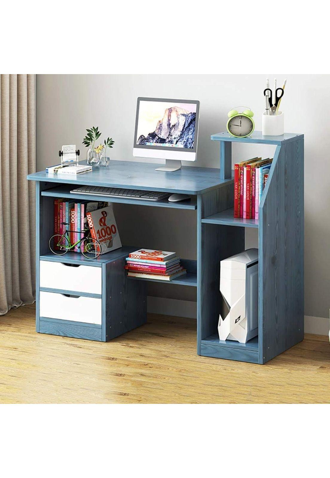 Escritorio Mesa Librero Gaveta PC 117x40x92 Azul-4