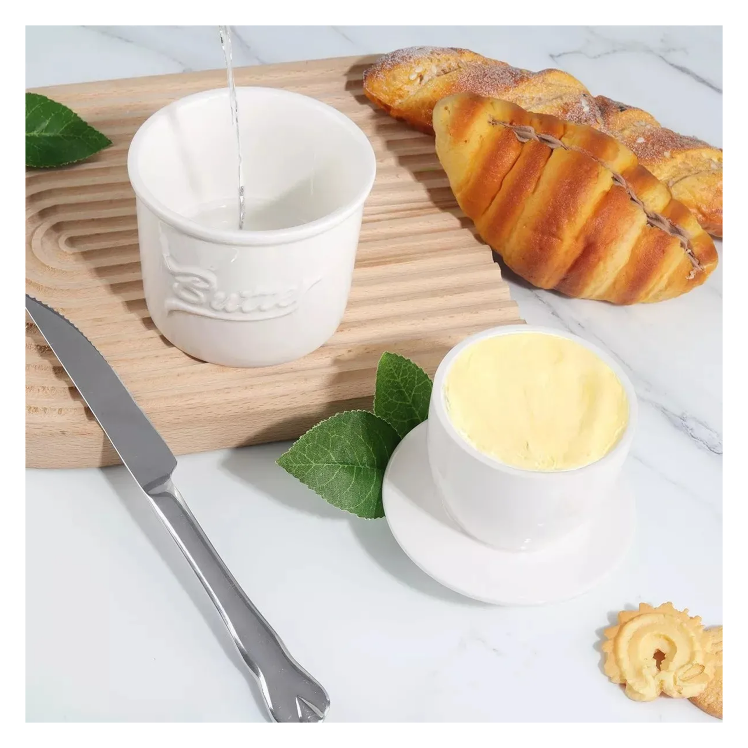 Mantequillera Francesa Mantequillero Cerámica Agua Blanco-3