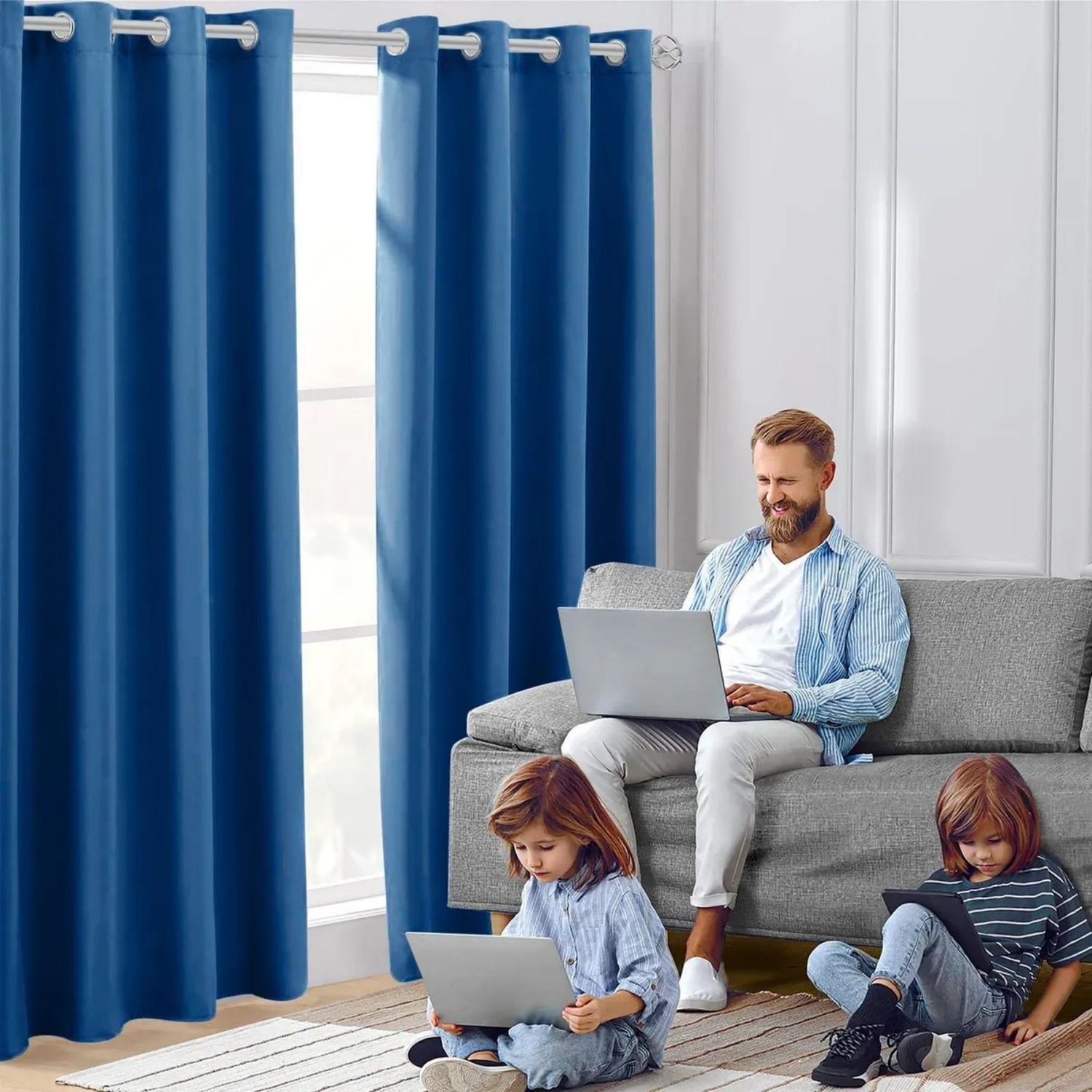 Cortina Elegante Diseño Opaco 2 Paño 140x220 CM Azul-2