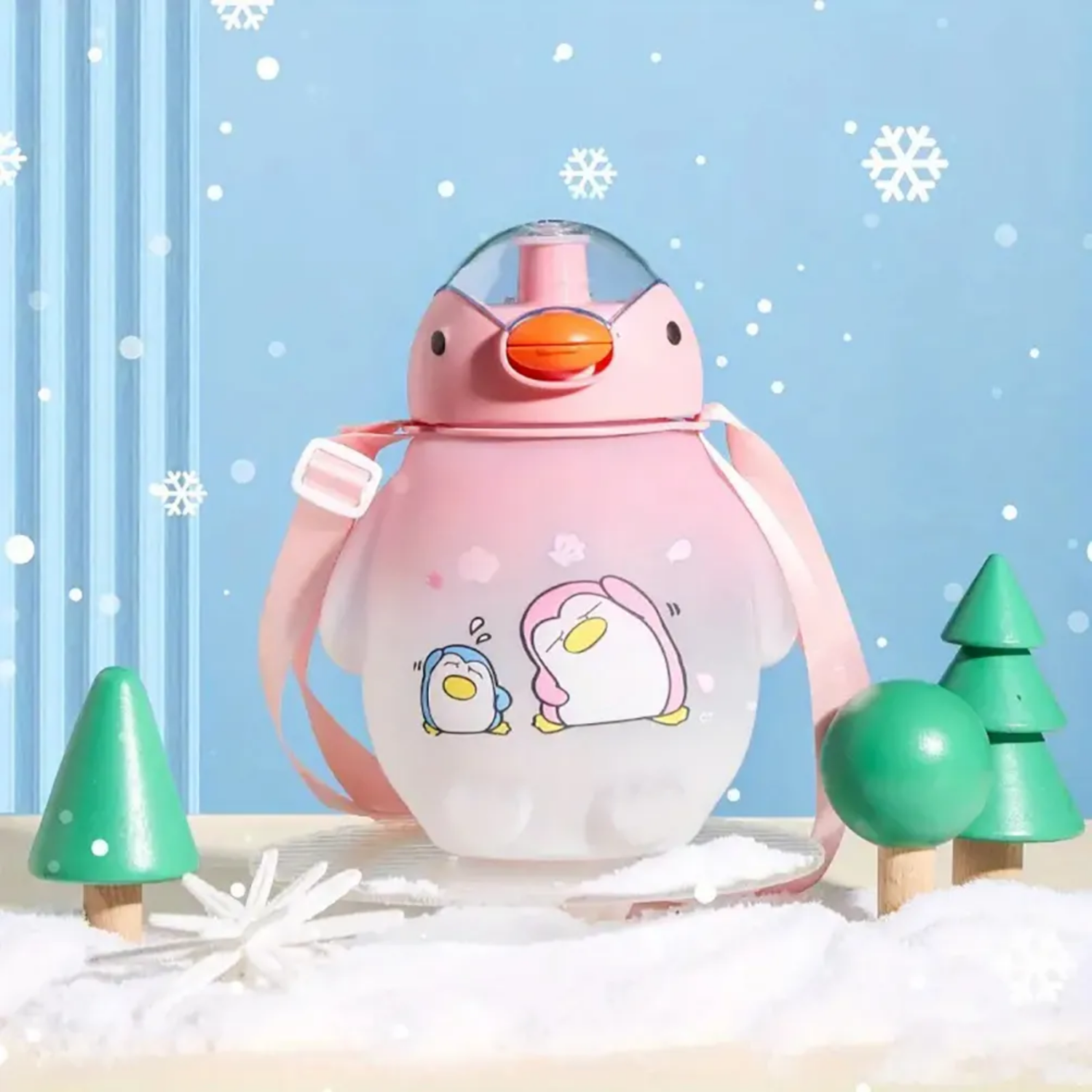 Botella Pinguino Kawaii Stickers Más Correa 1500 ML Rosado-2