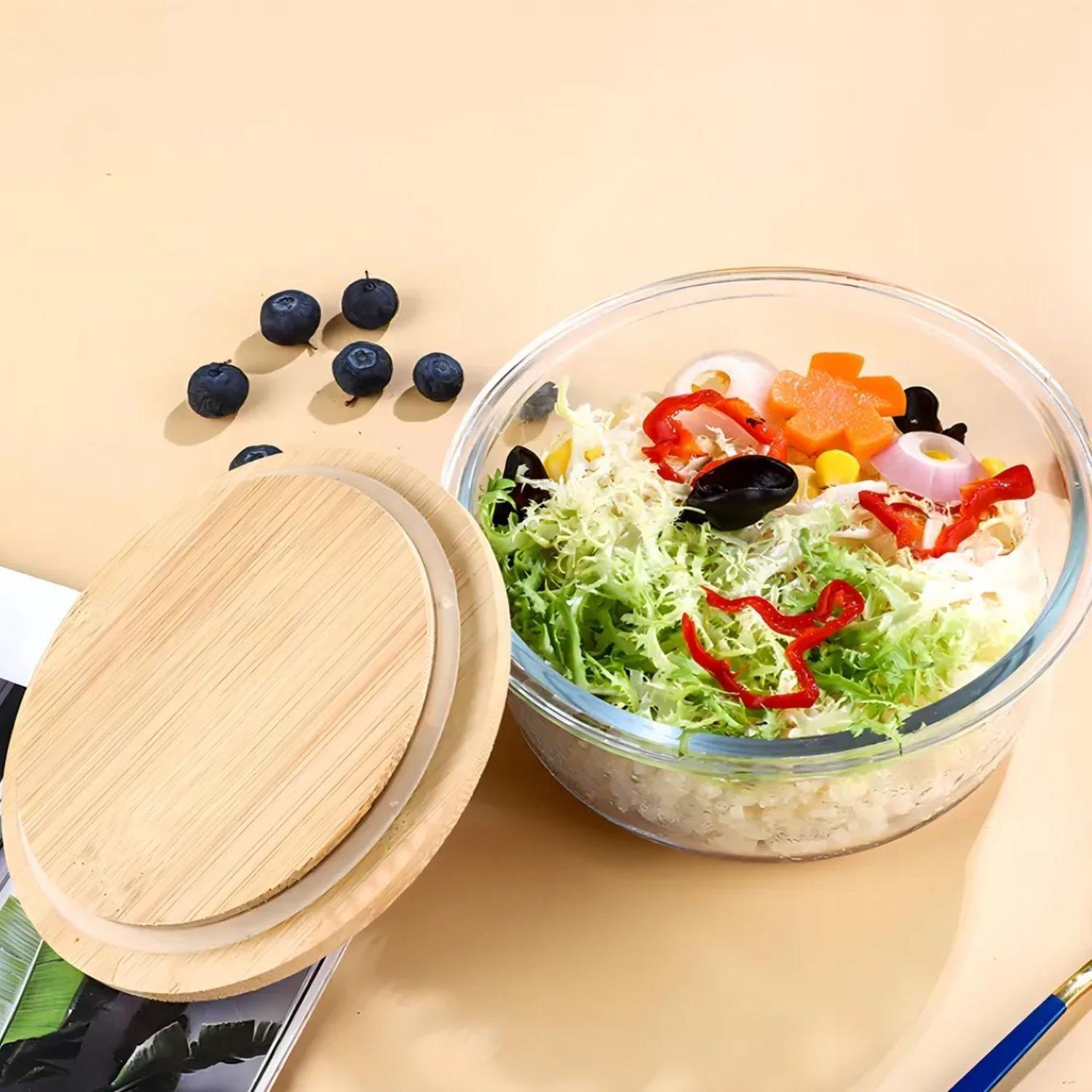 Tupper Redondo Vidrio Hermetico Contenedor Comida 400 ML Bambú-2