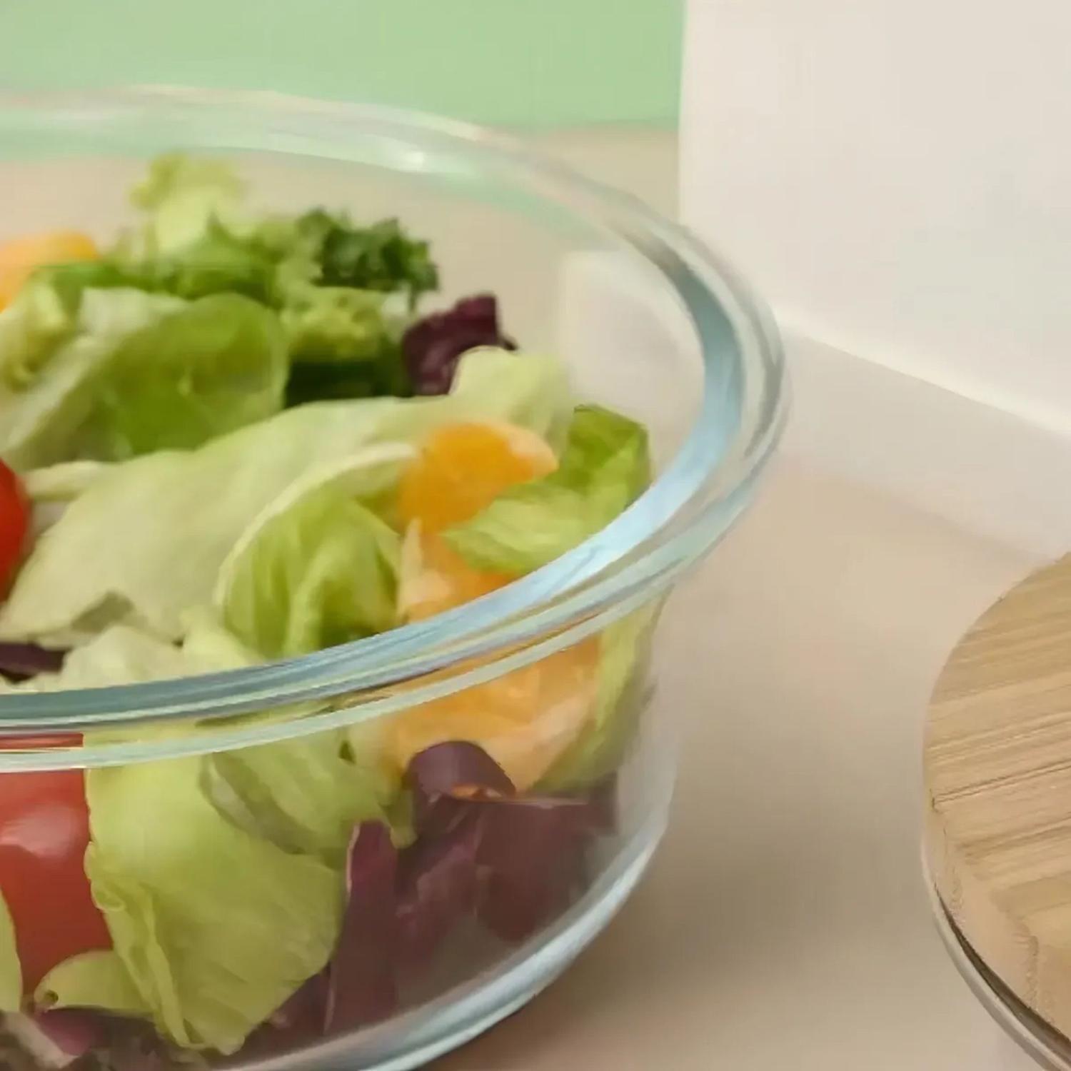 Tupper Redondo Vidrio Hermetico Contenedor Comida 400 ML Bambú-3