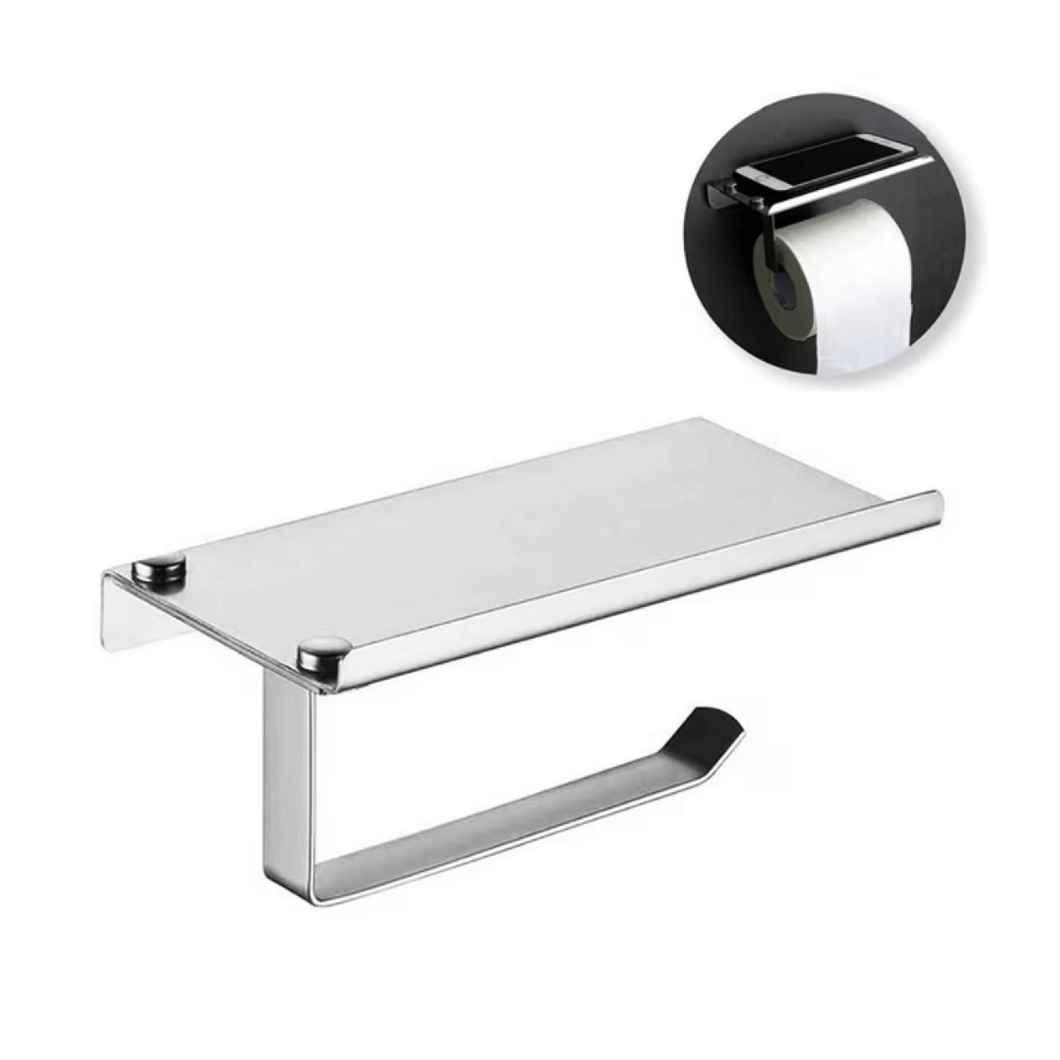 Soporte Porta Rollo Papel Higiénico Estante Soporte Celular Integrado Plateado-3