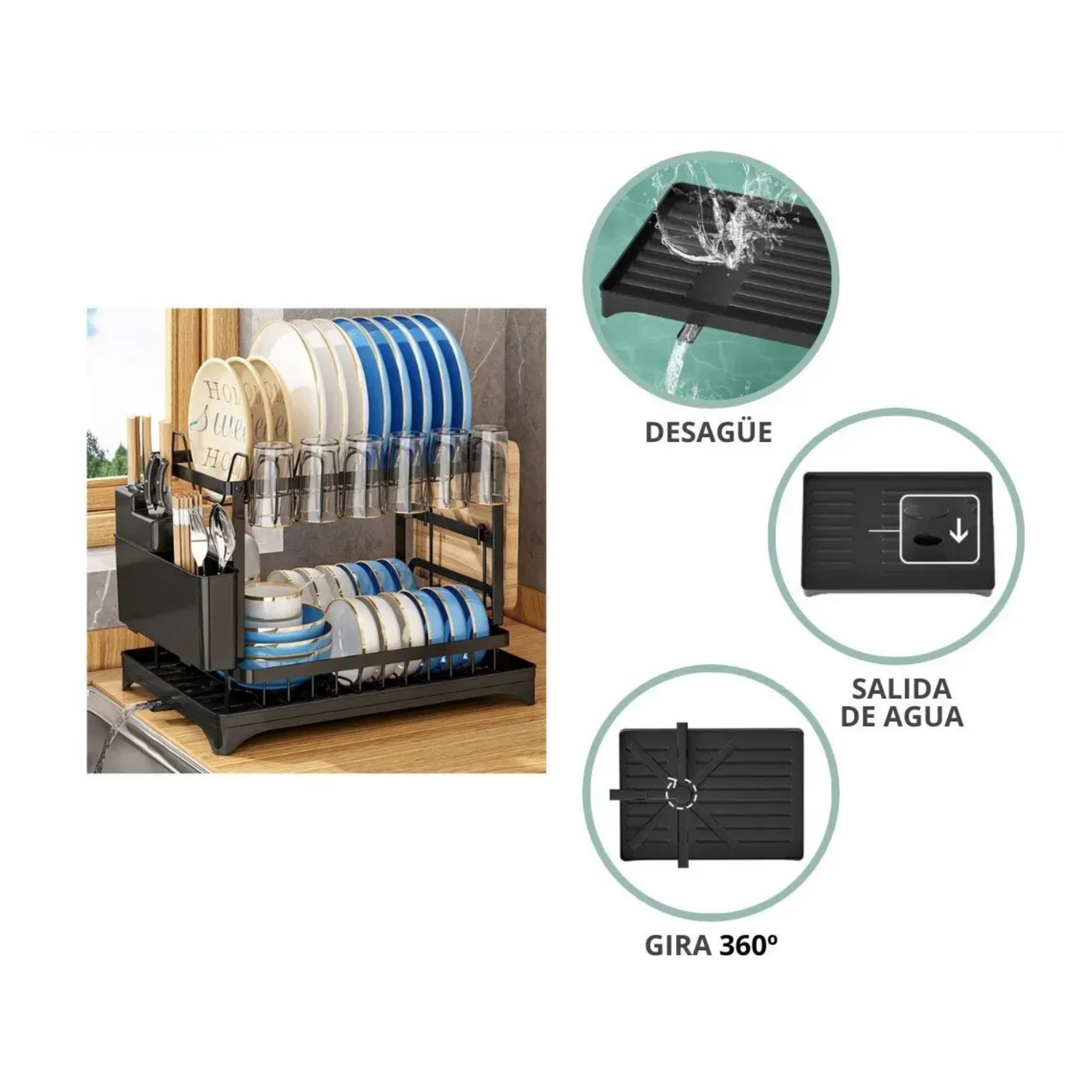 Rack Escurridor Estante Secador Loza 2 Niveles 42x29x29 CM Negro-5