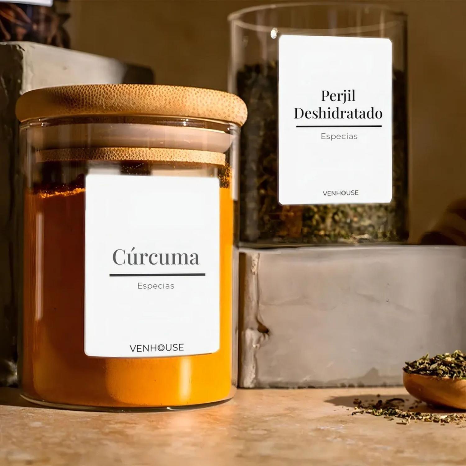 Pack 12 Frascos Contenedor Vidrio Redondo 15 Etiquetas 180 ML Bambú Blanco-2