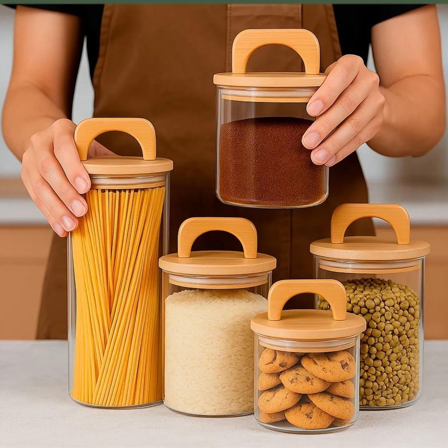 Set 5 Frascos Herméticos Contenedir Especies Tapa Bambú 210 Etiquetas Beige-4