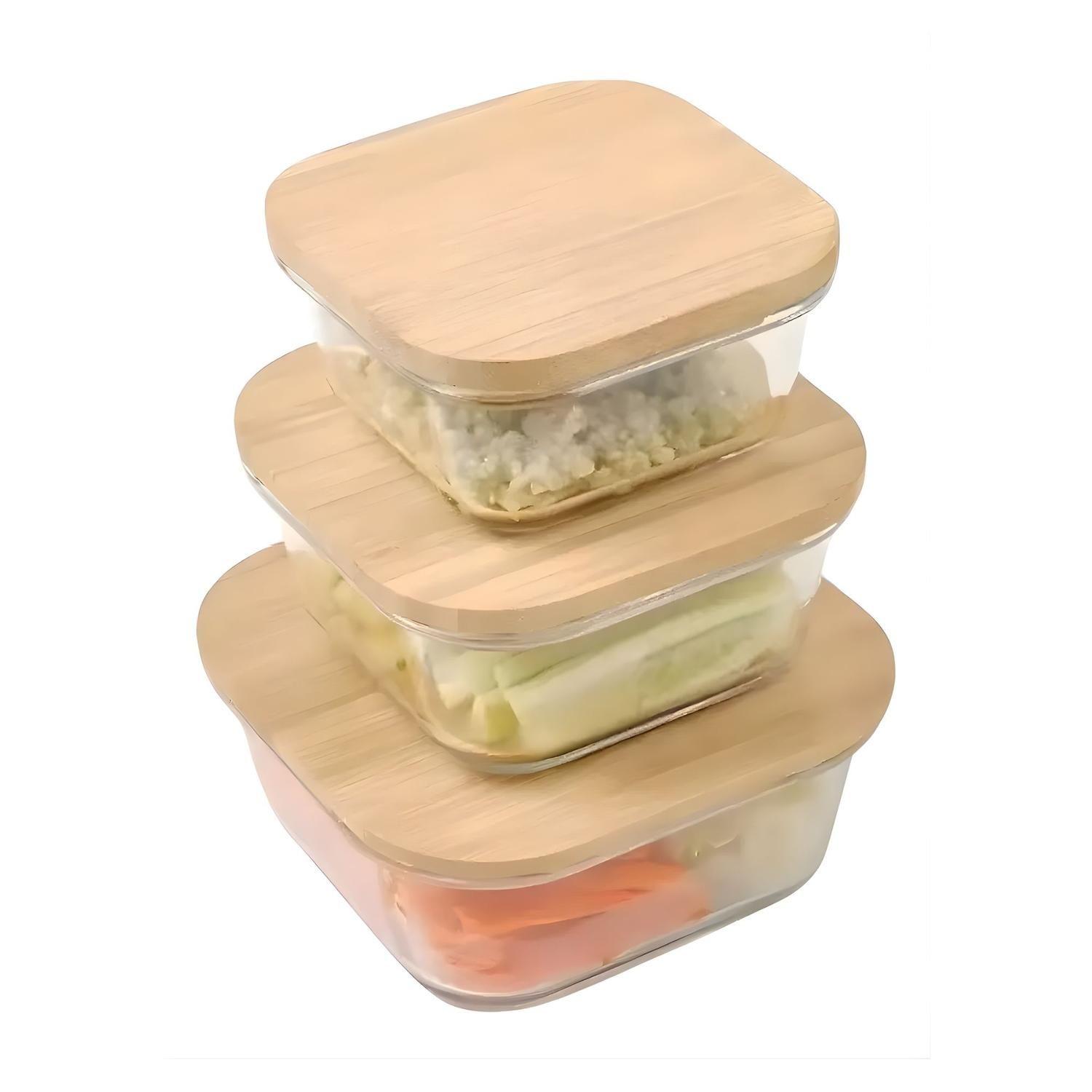 Set 3 Tupper Vidrio Hermetico Tapa Bambú Cuadrado 800 ML-0