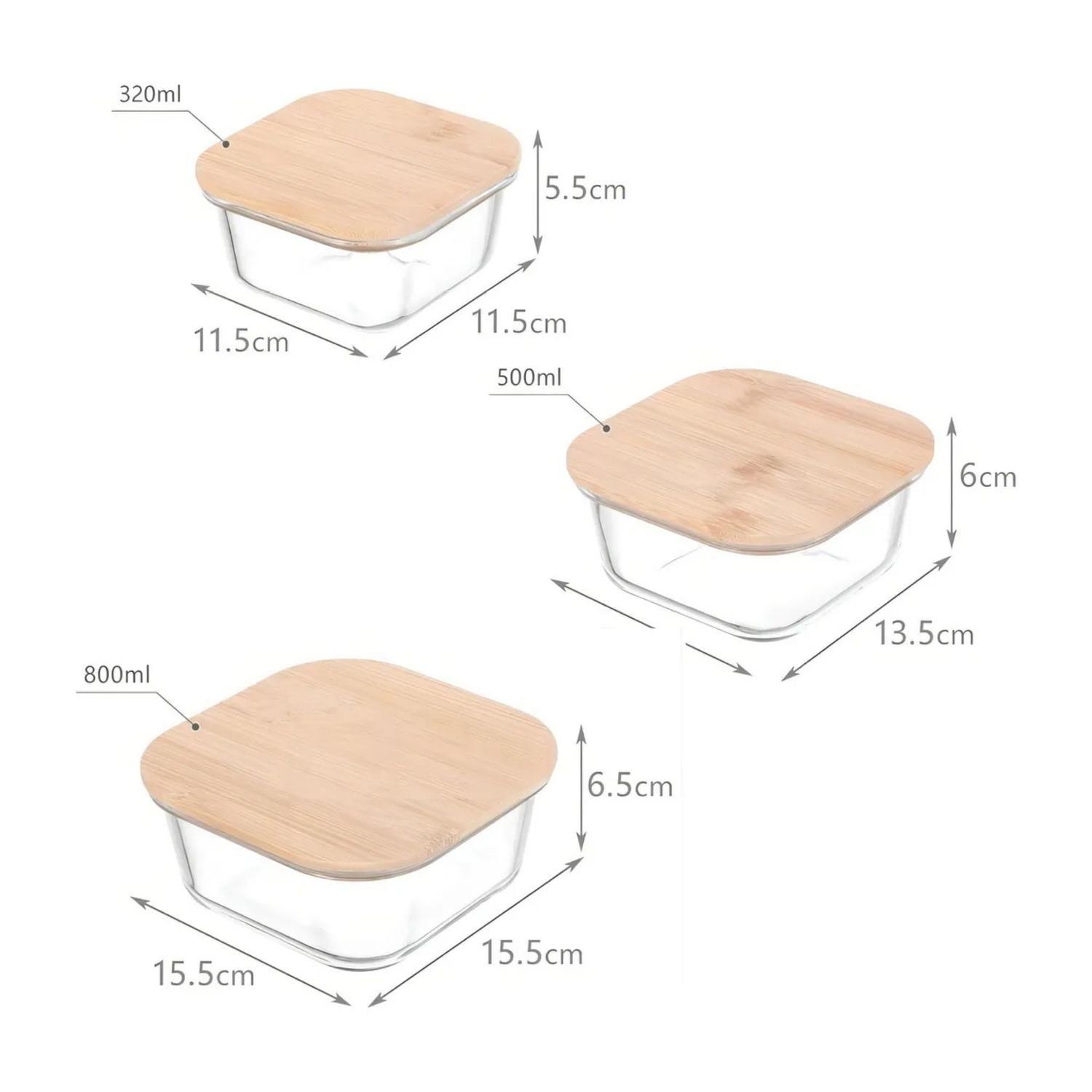 Set 3 Tupper Vidrio Hermetico Tapa Bambú Cuadrado 800 ML-2