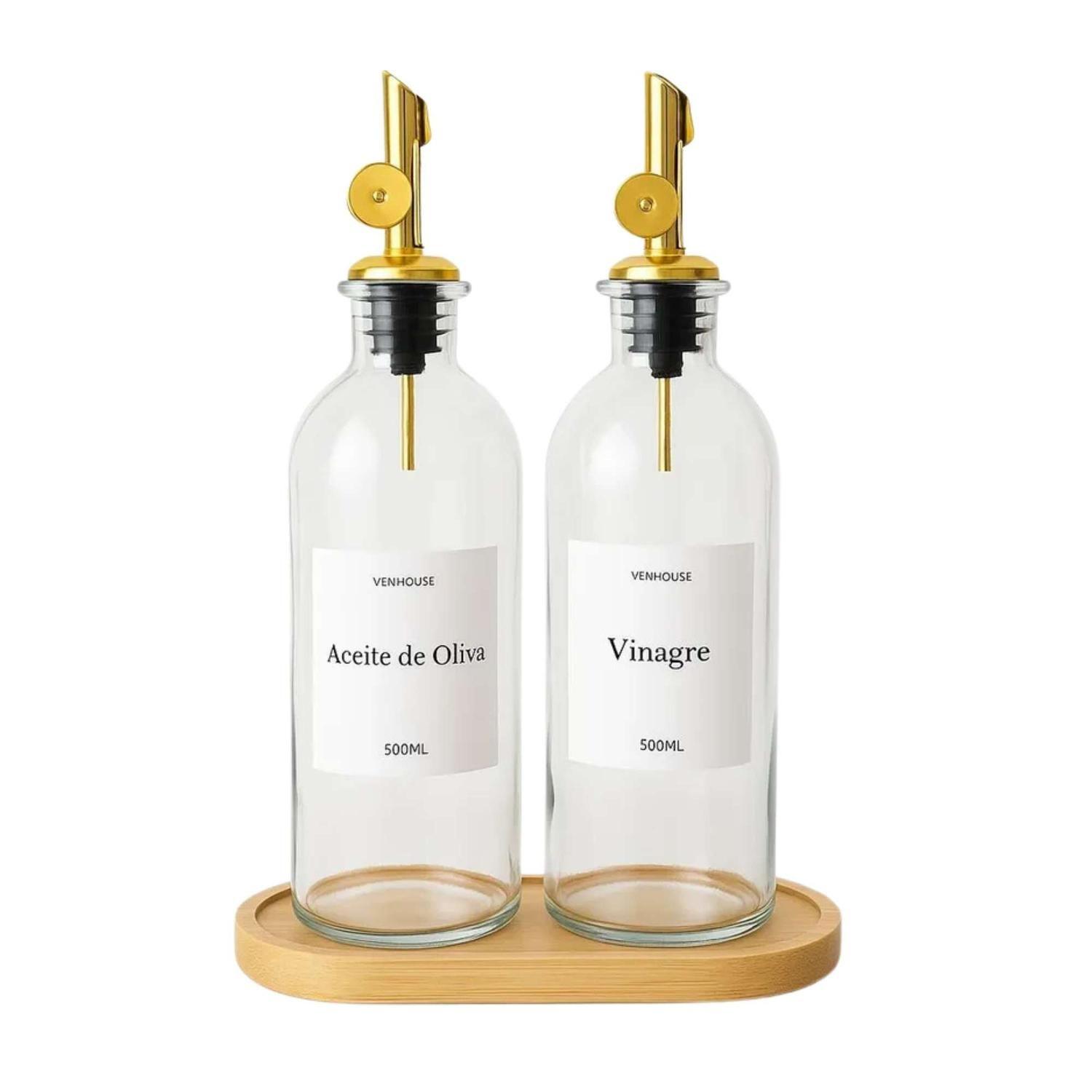 Pack 2 Botellas Vidrio Aceite Dispensador Base Bambú 500 ML-0