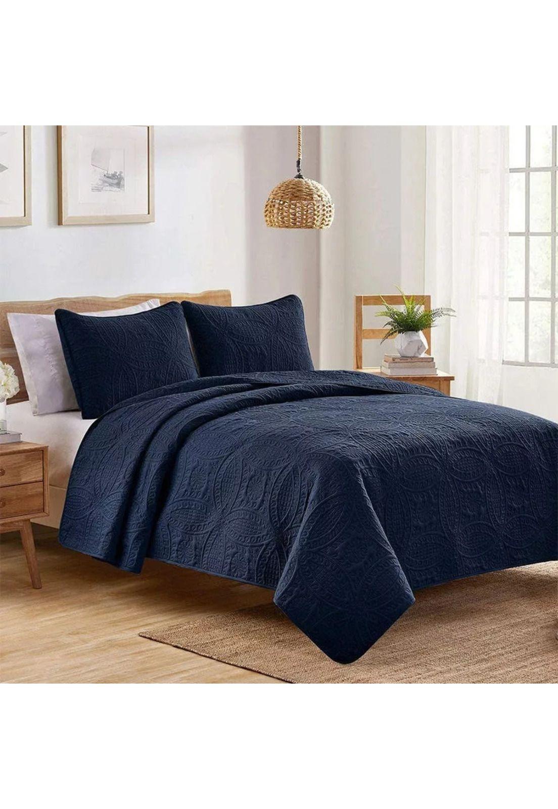 Cubrecama Quilt Reversible Queen 228x228 CM Más Fundas Almohada Azul-2