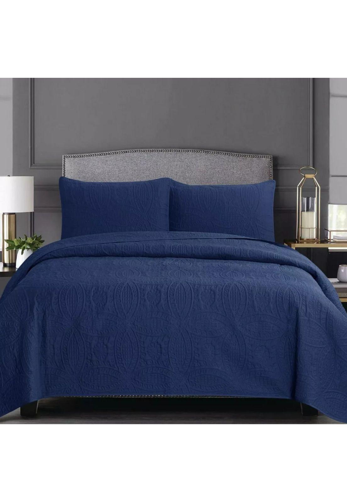 Cubrecama Quilt Reversible Queen 228x228 CM Más Fundas Almohada Azul-3