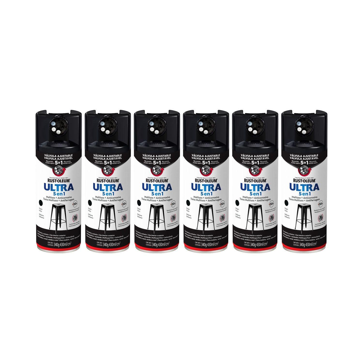 6 Pack Pintura en Spray Ultra 5 en 1 Multisuperficie Anticorrosiva Negro Brillante 340 g 700002-0