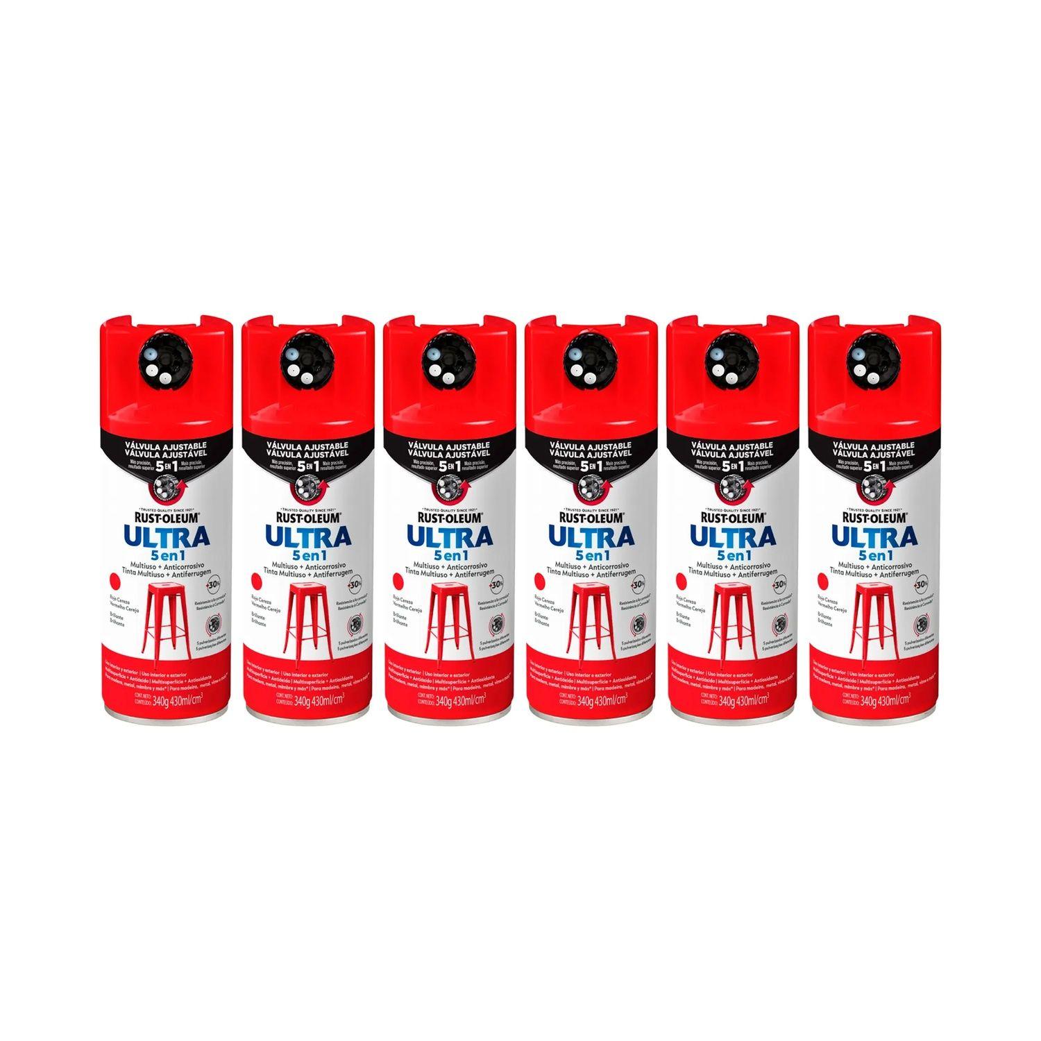 6 Pack Pintura en Spray Ultra 5 en 1 Multisuperficie Anticorrosiva Rojo Cereza Brillante 340 g 700014-0