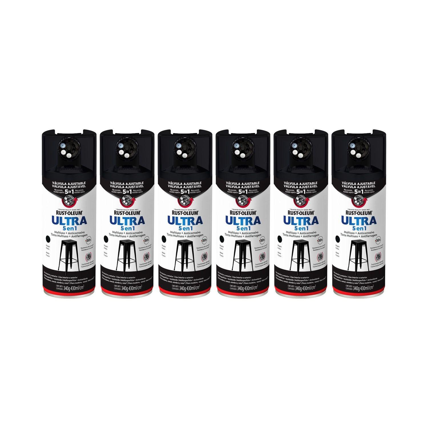 6 Pack Pintura en Spray Ultra 5 en 1 Multisuperficie Anticorrosiva Negro Mate 340 g 700001-0