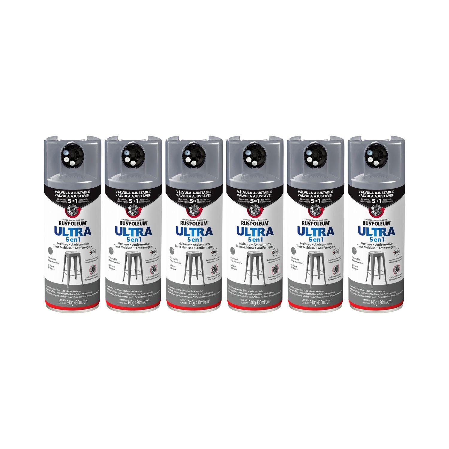 6 Pack Pinturas en Spray Ultra 5 en 1 Multisuperficie Anticorrosiva Gris Niebla Brillante 340 g 700005-0