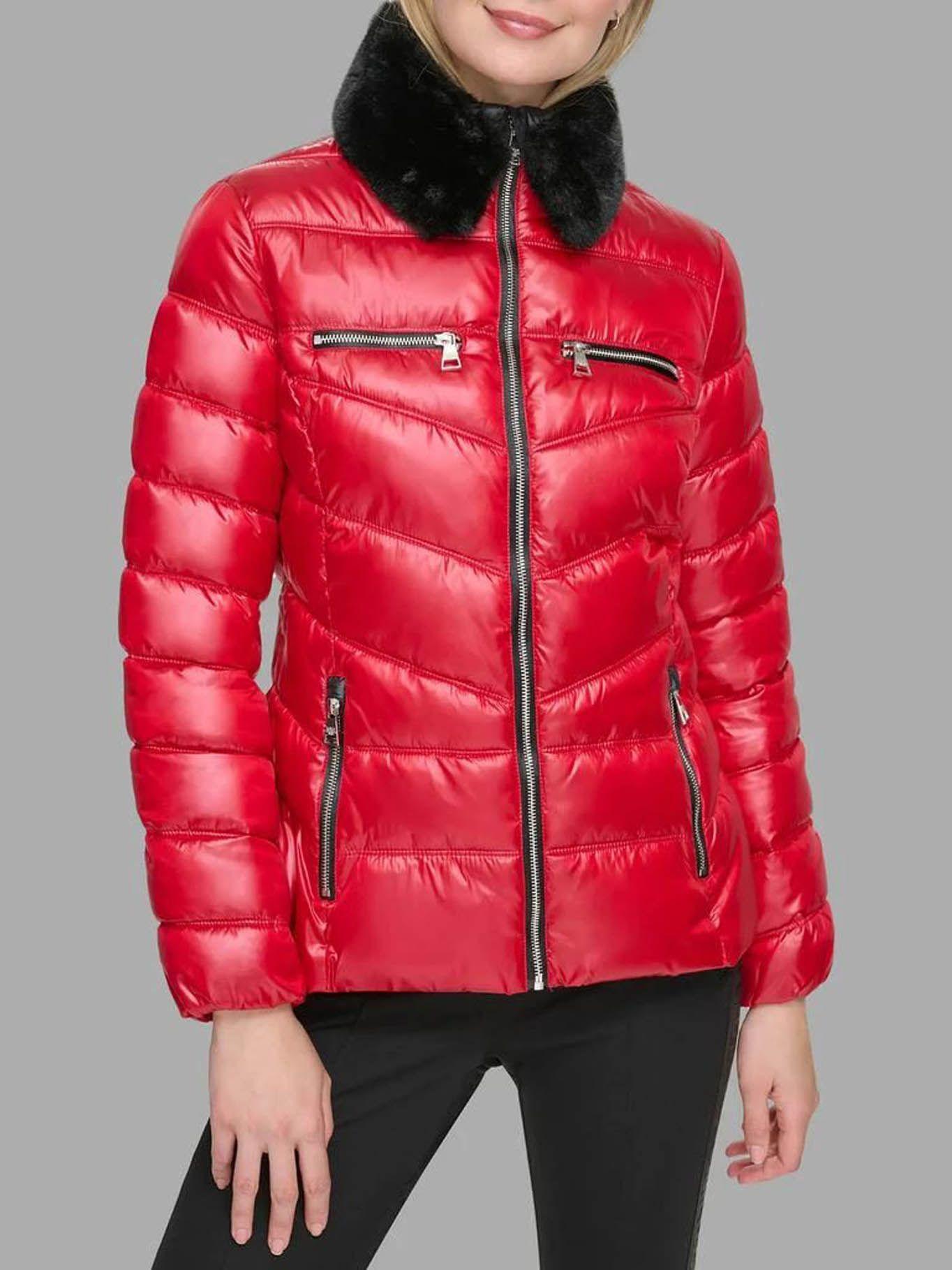 Parka con cuello de cuero sintético Roja-0