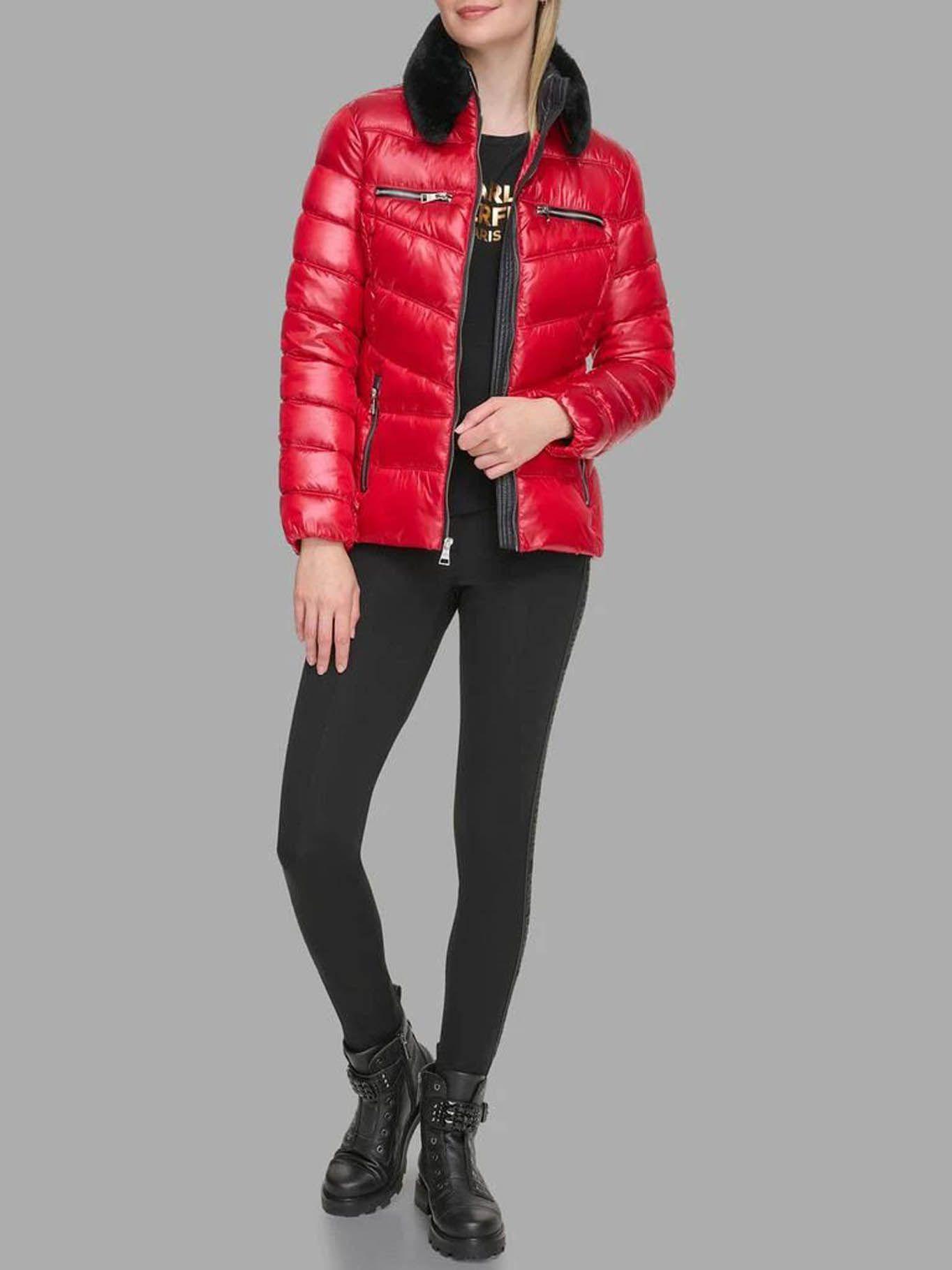 Parka con cuello de cuero sintético Roja-1