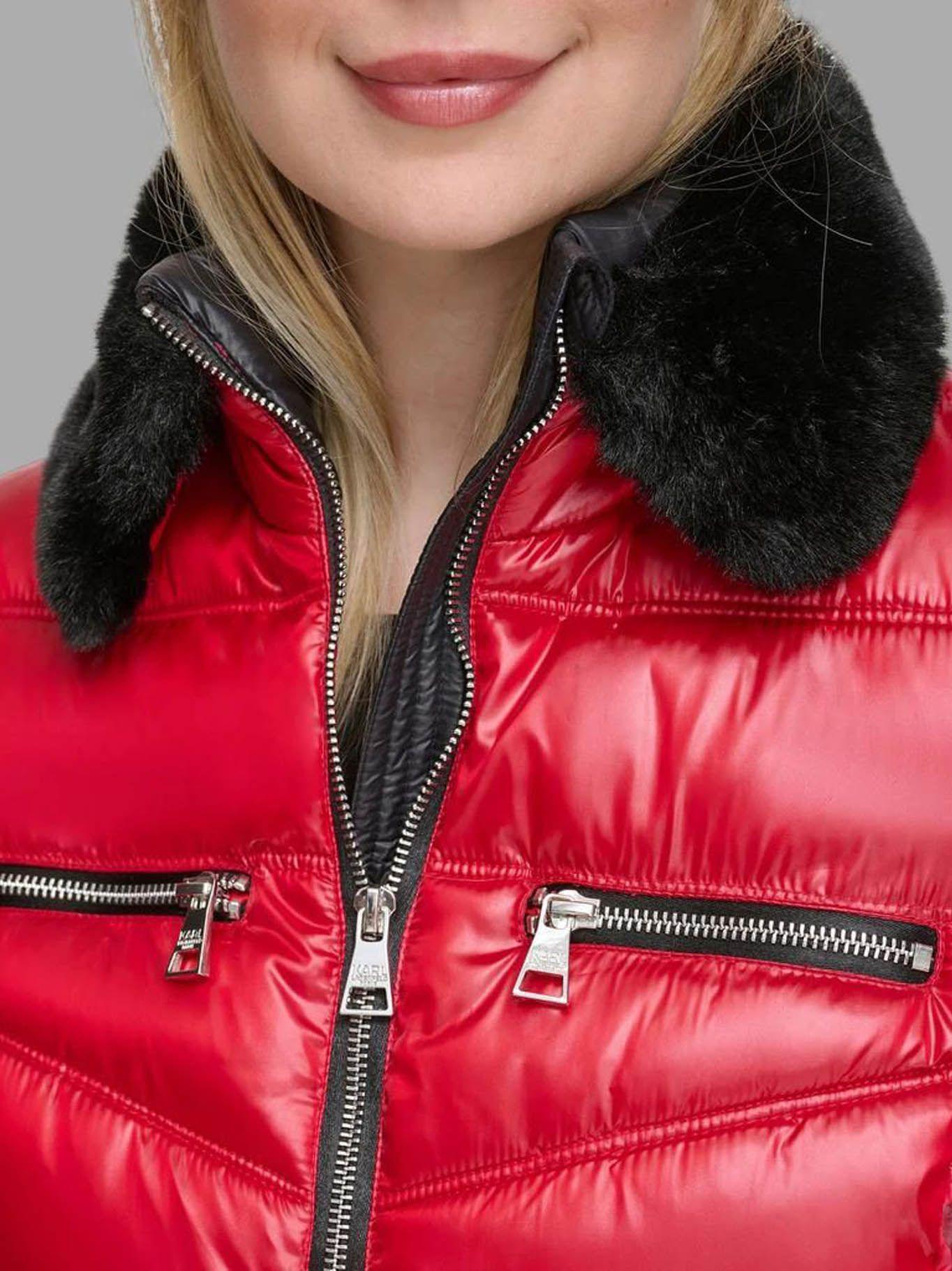 Parka con cuello de cuero sintético Roja-4