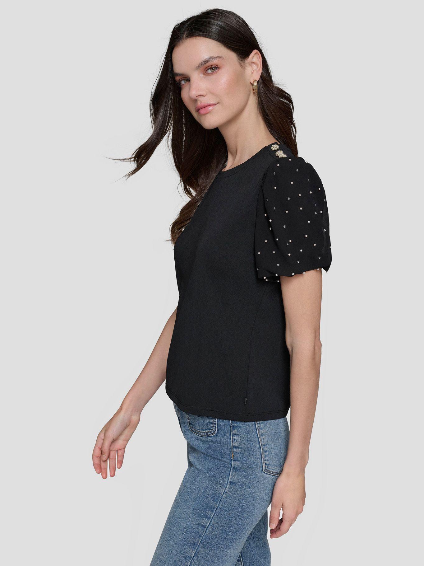 Blusa con mangas abullonadas y pedrería Negra-2