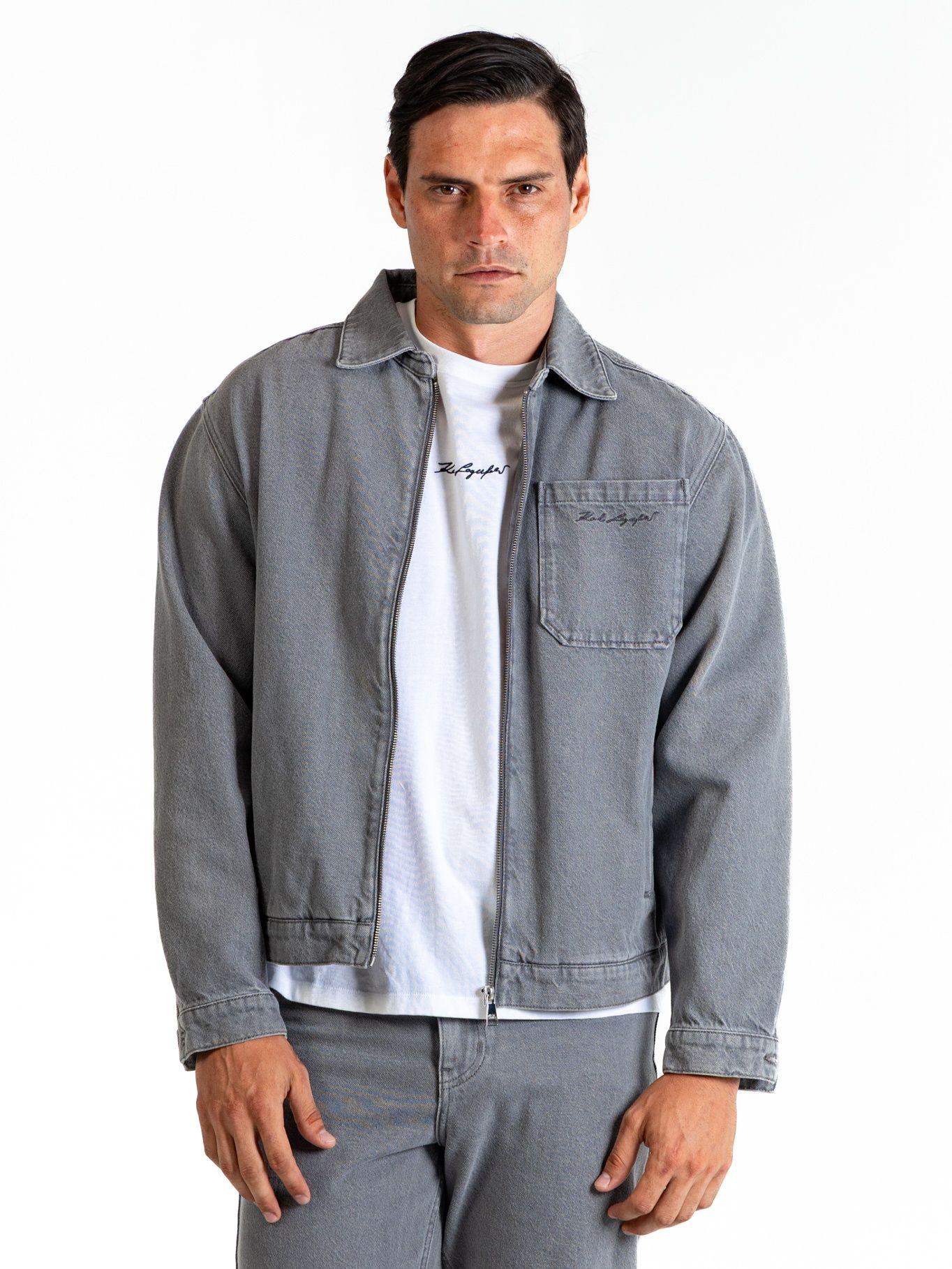 Chaqueta denim con bordado trasero circular Gris Karl-0